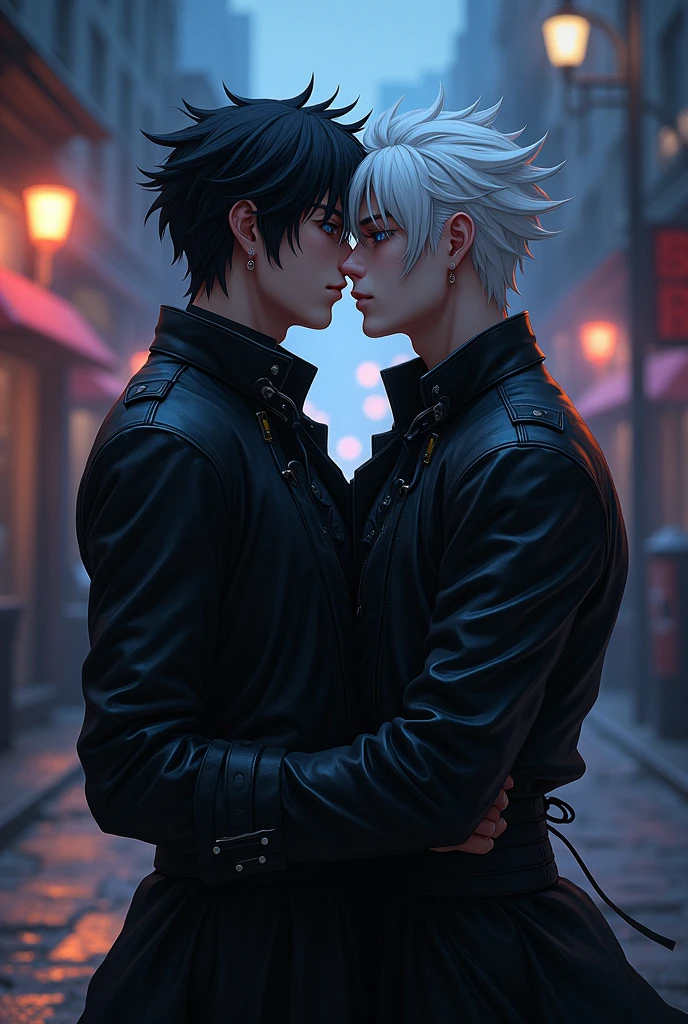 Two nena kissing, men kiss men, black clothes, Wearing black outfit, besándose lindamente, Yaoi, besándose, enfrentándose, besándose juntos, in love, Taejune, besándose boca a boca, chico rubio y chico pelirrojo, (((masterpiece))), artstation style, anime, boyslove, two boys, two mans, boys love, homosexual, 4k,8k,16k,uhd, shorts hair, city landscape, city lights in the background