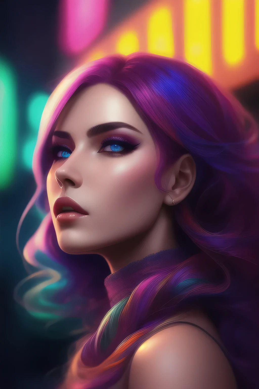 colorful, neon, beautiful sweet girl, lush long fluffy hair, beautiful detailed face, Best quality, extremely detailed, colorful, neon, Science fiction, cinematic, colorful background, conceptual art, dramatic lighting, high detail, very detailed, hyper realistic, difficult, difficult sharp details, octane rendering, smooth, daylight, trend on artstation