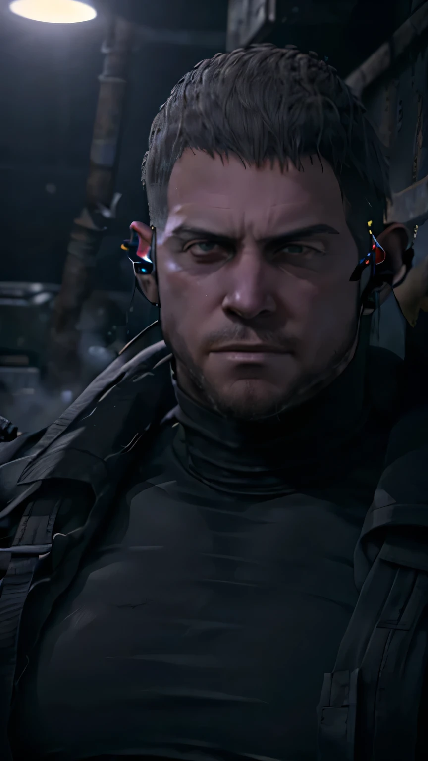 Dark gothic village in the background, old Chris Redfield from Resident Evil 8, 48, muscular male, tall and hunk, black cold turtleneck, straps, earpiece, beard, rugged face, little smirk, video games style, high resolution:1.2, best quality, masterpiece, dark nightime, daylight, volumetric lighting, shading, straight portrait, face close up, looking at viewer