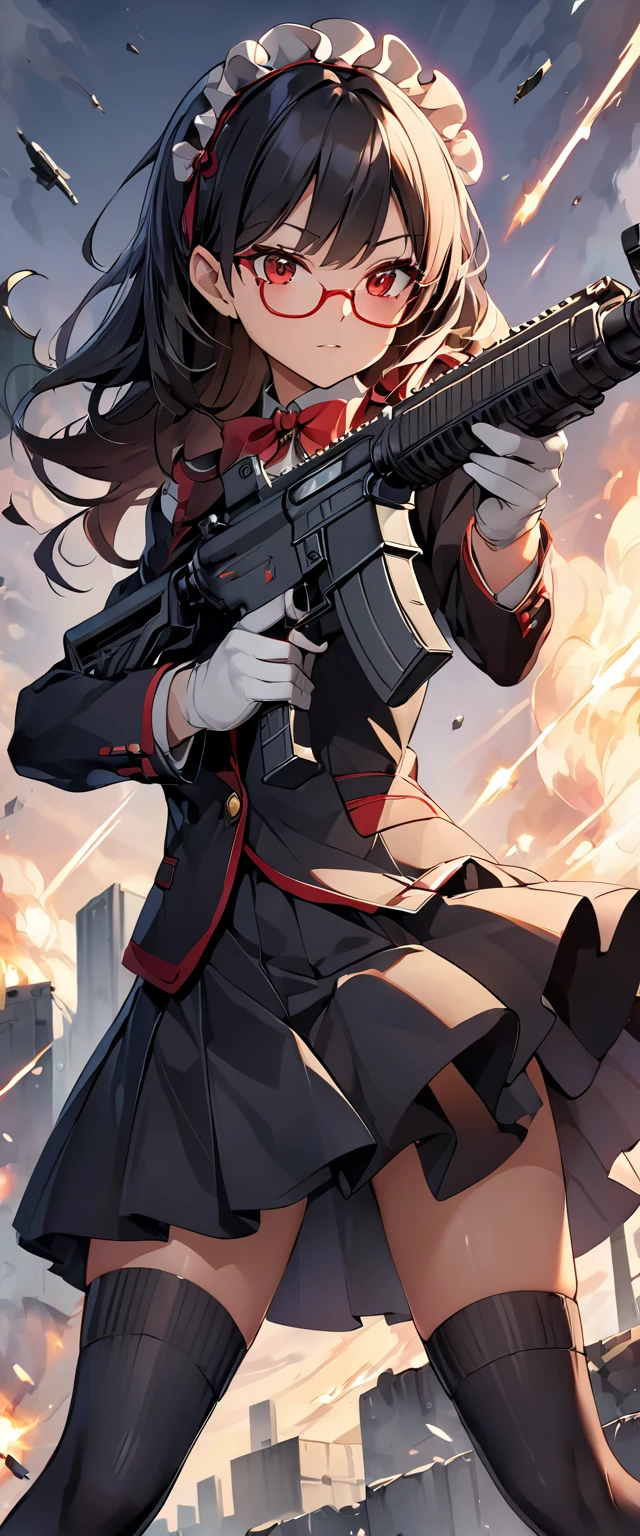 (Perfect Anatomy)、masterpiece、super high quality、 8k、masterpiece、Highest quality、Ultra-high resolution、Maximum resolution、Very detailed、Professional Lighting、anime、Adult female、thin、so beautiful、Very detailedな目、high school girl、Maid clothes、Equipped with an assault rifle、(((Scar L )))、Red Eye、Black Hair、Hangerless Long Gloves、Red glasses、Going into battle alone、(((Assault rifle and take aim))), (((random pose))), One woman