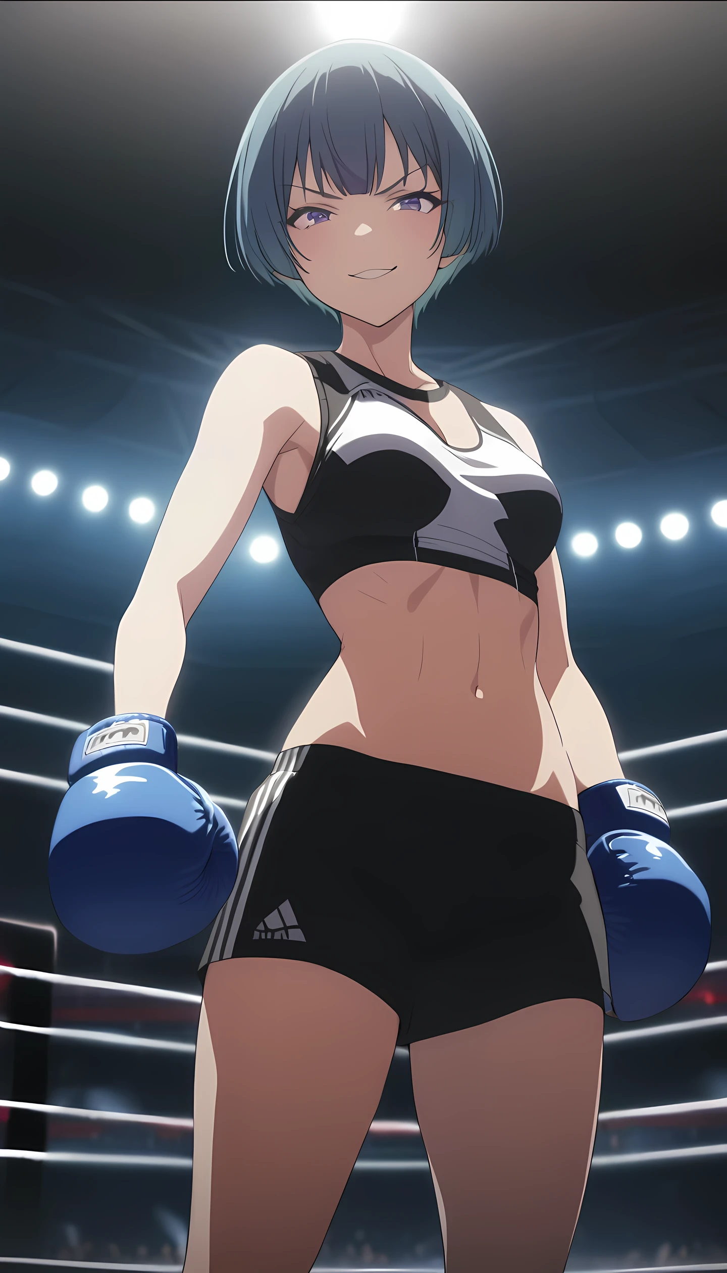 ibuki, 1girl, short hair, bangs, blue hair, purple eyes, masterpiece, best quality, (wearing sports wear:1.5, boxing gloves, bare thigh, navel), (on MMA Arena :1.5), smirk, Toned stomach, cowboy shot, looking at viewer,cinematic lighting, anime screencap,Ultra HD,Detailed eyes,Detailed face,