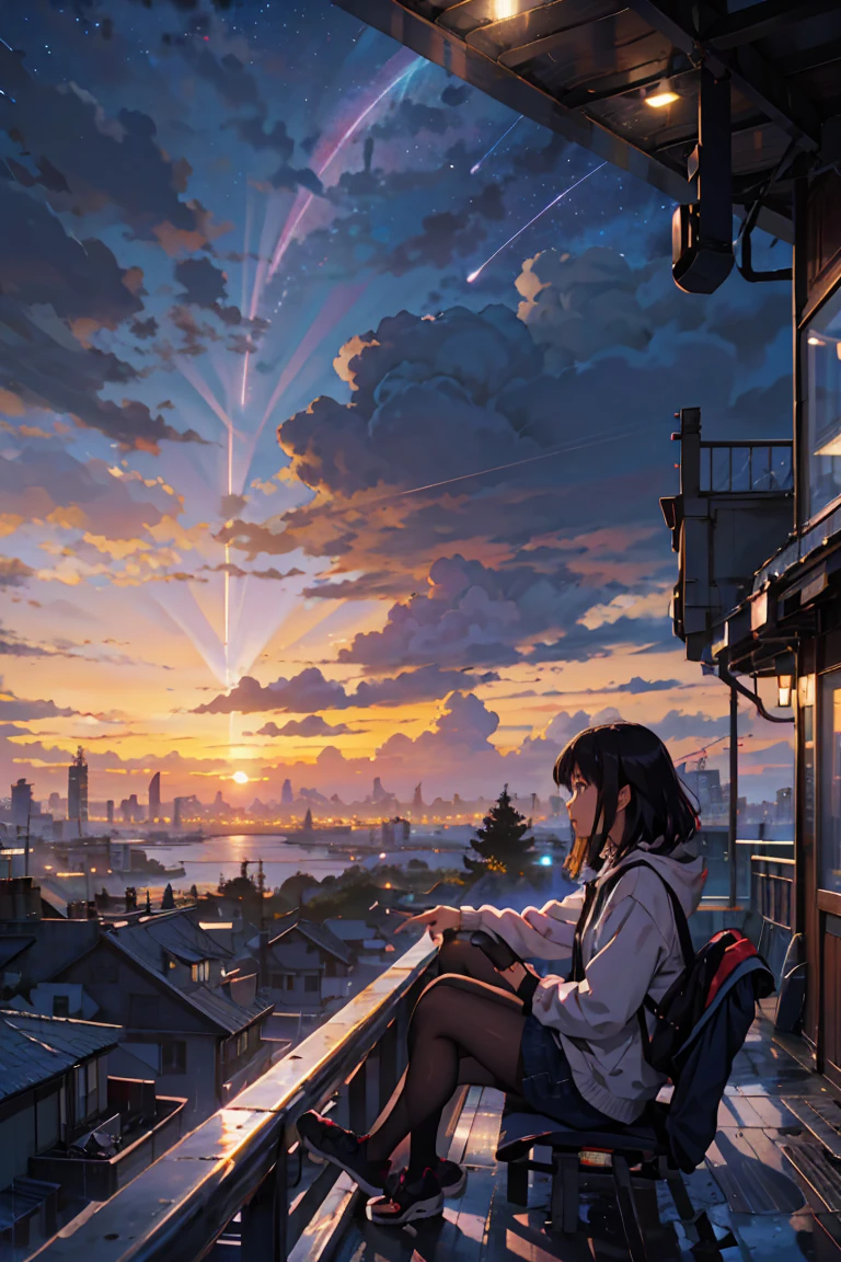 Highest quality, beautiful, Night Moon, A comet flies by, Earth, horizon, (Detailed cityscape with a girl), Cumulonimbus, sunset, Sudden rain, Attachment Platform, shinkai makoto、Starry Sky、