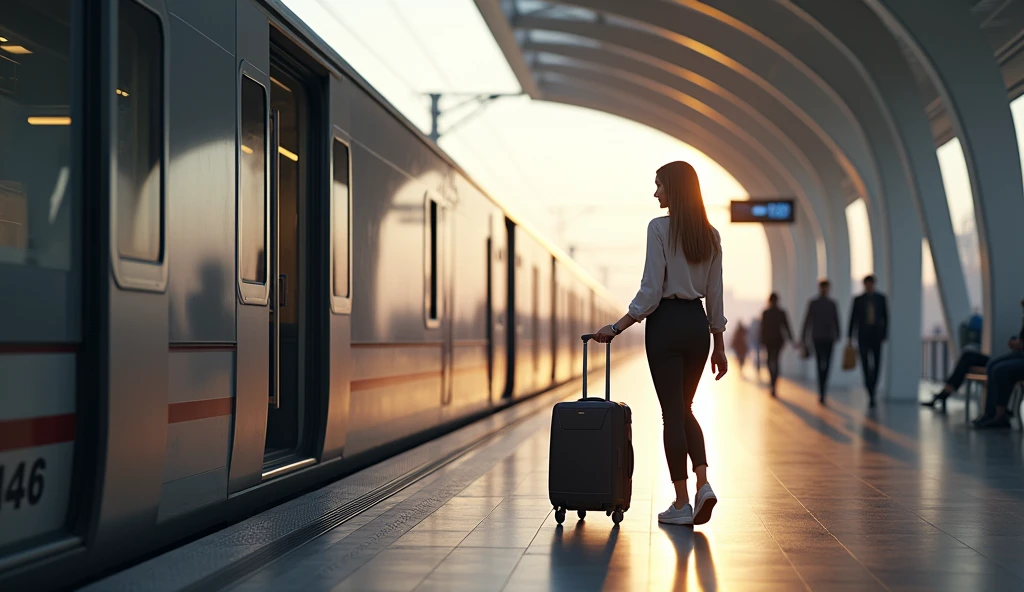 one woman walking on the platform of a train station carrying a suitcase, elegant legs towering over you, beautiful legs, smooth legs, legs, close-up on legs, train station, slender legs, beautiful legs, detailed legs towering above you, she is a lady, photorealism, 8K --auto --s2