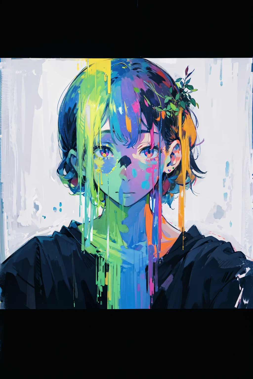 (masterpiece:1.2), ((Intricate details)), Cover art, chaos,
Upper Body, One girl, Japanese Girls, short hair, Black Hair, bangs, Forehead hair, high quality, (red, yellow, purple, green,Ink), ((Front view)), Dripping from the face, Clothes dripping, Ink dripping, (Additional weight 1:1.0), (Double exposure), Ink painting landscape