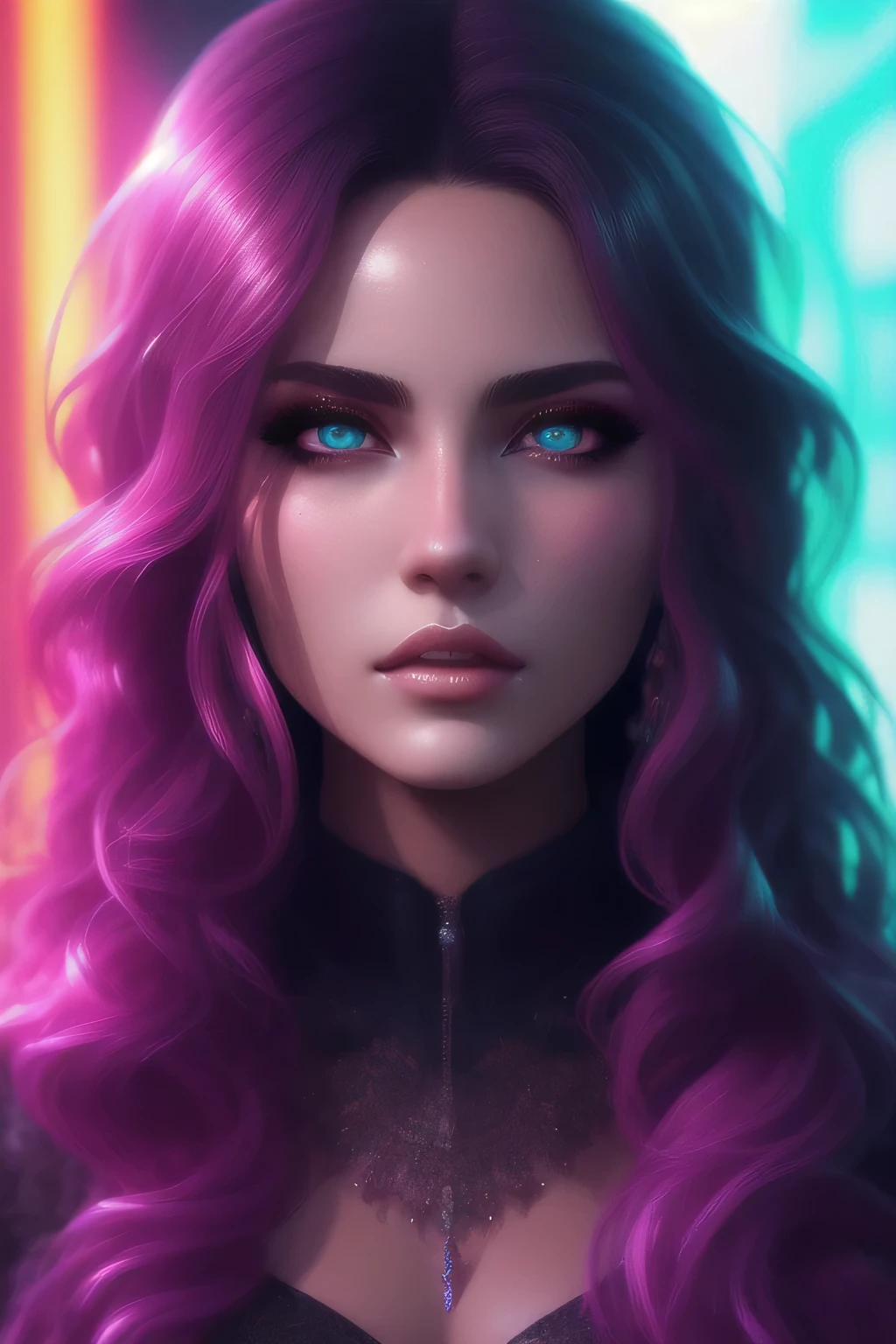 colorful, neon, beautiful sweet girl, lush long fluffy hair, beautiful detailed face, Best quality, extremely detailed, colorful, neon, Science fiction, cinematic, colorful background, conceptual art, dramatic lighting, high detail, very detailed, hyper realistic, difficult, difficult sharp details, octane rendering, smooth, daylight, trend on artstation