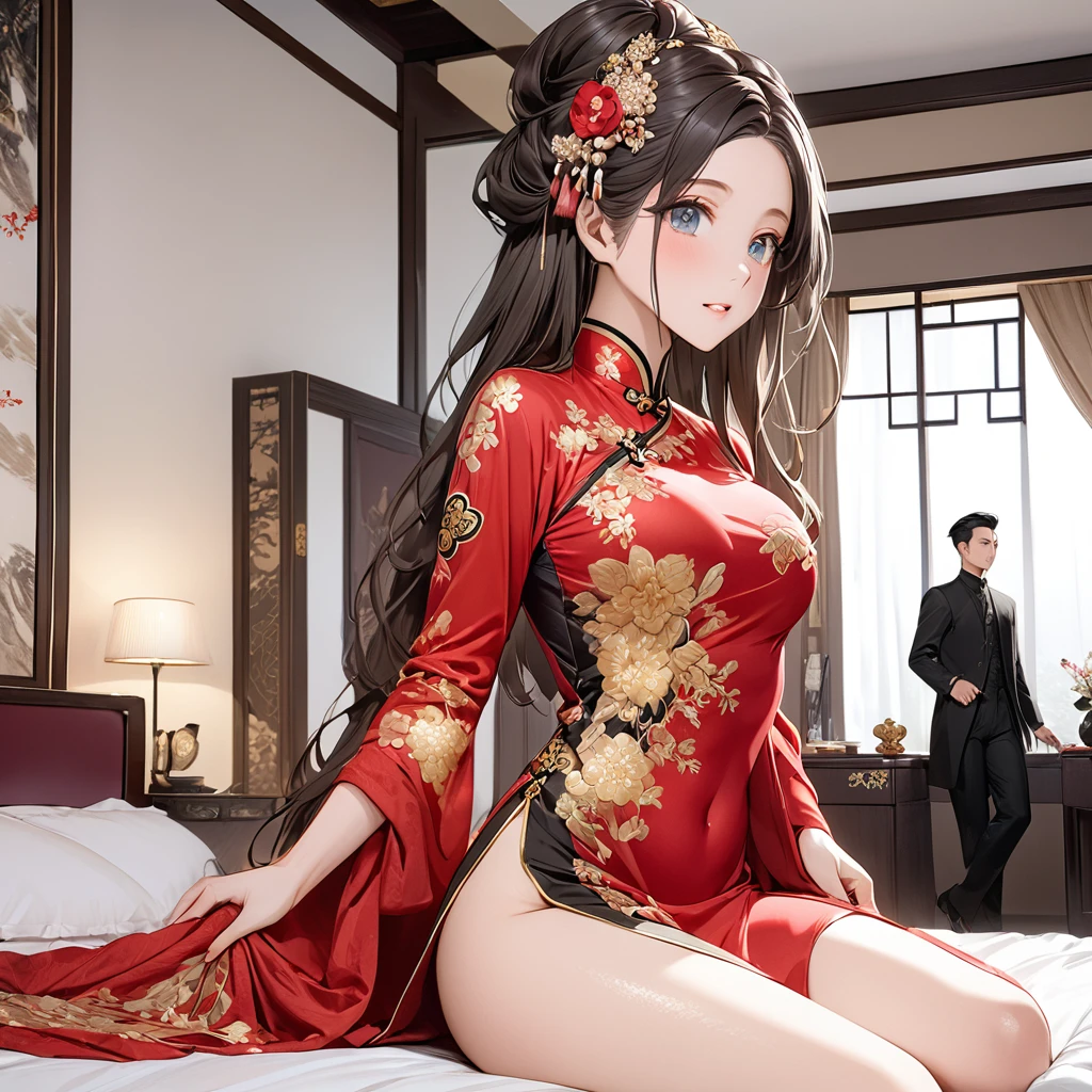 Chinese costume beauty,Being in a hotel,(get down on the bed:1.2),(Being touched by men:1.5),(Being stroked by a man's crotch:1.1),seen from the side
(((tmasterpiece))), ((best qualtiy)), ((intricately details)), ((ultra-realistic realism)), Ridiculous res, A MILF, Mature woman, ssee-through, highly detailed, illustratio, Mature women, ((Large breasts)),perfect hand, detailed finger, Beautiful detailed eyes, long whitr hair, with brown eye, name badge, vd, (Hanfu:1.2),chinese ancient costume,tight fit clothes,耳Nipple Ring, detailedbackground, Bedrooms, perfect eyes, Seductive eye,Cocked buttocks,Reddened face,(weeping:1.2),Confused eyes,The mouth is slightly open