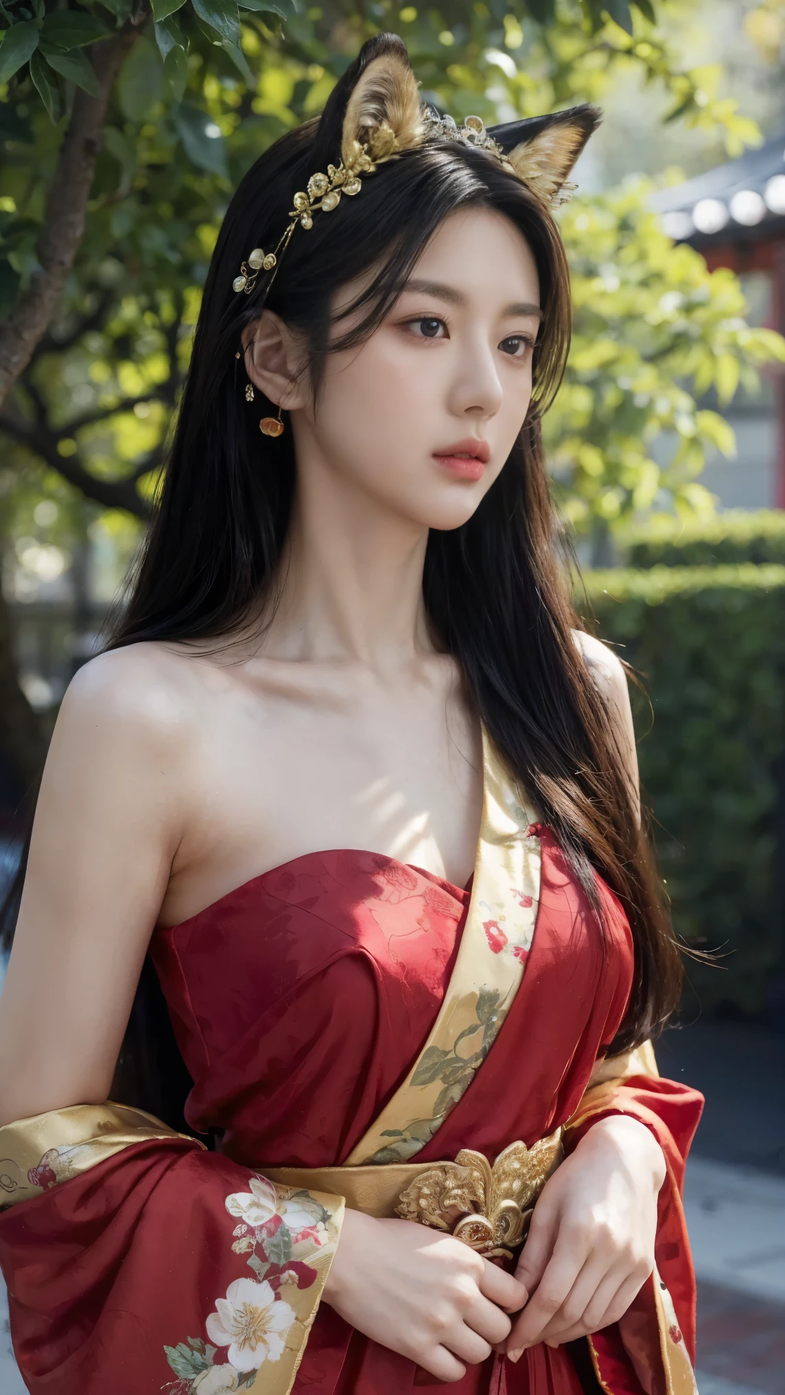 masterpiece, best quality, highly detailed, full-body, realistic, a beautiful woman, Asian female, wearing a traditional Japanese-inspired fantasy outfit, elaborate fox mask on her head, adorned with red and gold accents, long black hair with red highlights, large bell-shaped ornaments, fox-like ears on the mask, kimono-style outfit with floral patterns and ribbons, black and red color theme, showing delicate accessories and layers of fabric, wearing a revealing dress with gold trims, standing confidently, elegant pose, hand gracefully resting on her cheek, charming smile, detailed facial features, soft lighting on her skin, delicate makeup, detailed background of a garden or open pavilion, flowers and green plants, blurred depth of field, sunny day, natural light, slightly fantasy or anime aesthetic, intricate patterns on the dress, glowing red and gold reflections, medium shot showing upper body, elegant and fashionabl