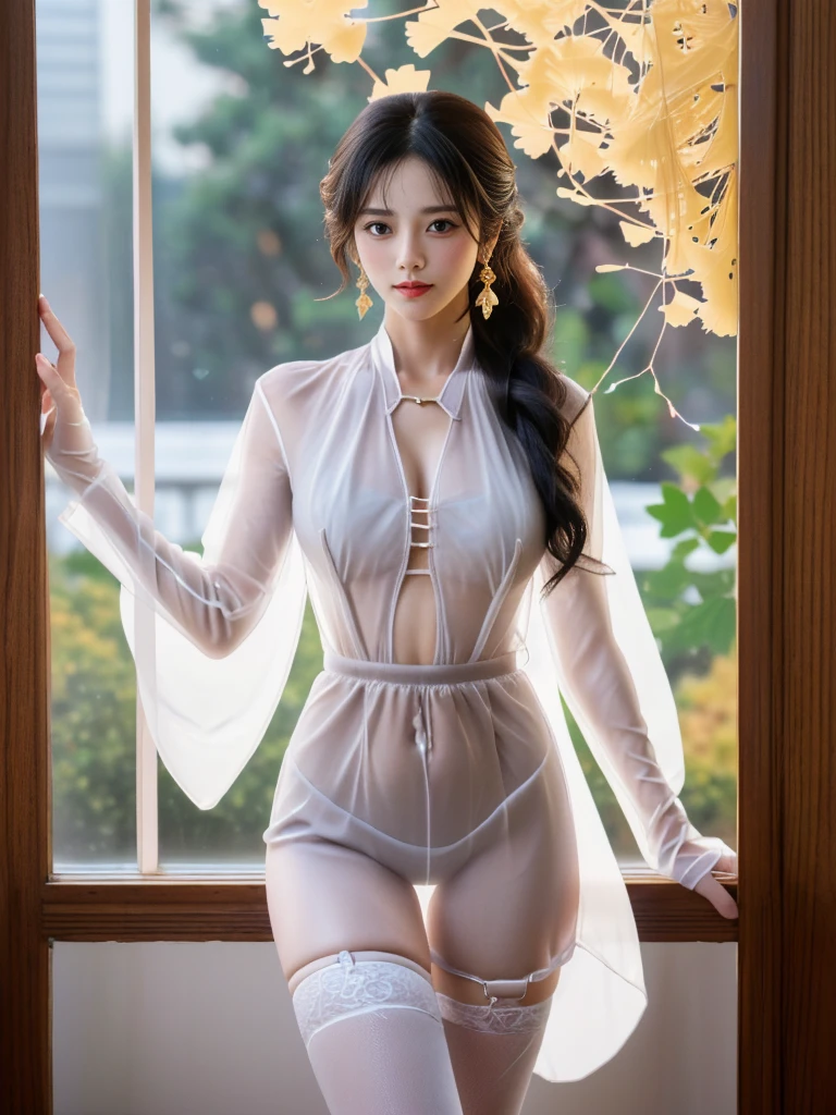 一个有着美丽脸庞的Sexy中国华裔女孩, Wear a transparent men&#39;s shirt, Ultra-fine patent leather bikini underwear,
(((night, by the floor-to-ceiling window, Ginkgo trees in autumn, Faint light))), 
((8K Ultra HD, 8K, Ultra high resolution, best quality, Super Fine, Clear focus. Masterpieces, complete pattern, Ultra HD, Detailed photos, Best image quality，Ultra-clear，Delicate facial features，Well-defined, Highly rated works, Close-up depth of field photography, Above the knee)), 
((Creating the image of a real girl), Realistic shadows, Soft lighting, Dynamic Angle, Dynamic poses, Elegant Posture, Cowboy lens, Full body front view, Be confident, Facing the camera, Eyes looking towards camera lens, Standing posture, Open your legs slightly, Golden Ratio Graphics, Minimalism, Center the character), 
( Smile, Sexy的, Balanced Eyes, Realistic eyes, eyes in beautiful detail,Pretty Face, (Realistic face), Normal facial features, Realistic skin, Attention to skin details, Skin is clean and radiant, Whitening, Anatomically correct body, Golden ratio figure, Sexy的身材), 
(Perfect makeup, Gloves, earrings, bracelet, necklace, Jewelry, Hair accessories, shawl, sock, Knee socks, 吊garter, Leg ring, garter, 腿部garter), 
((beautiful hair), Deep black hair, Wavy curly hairstyle, Waist-length hair, Messy Hairstyle, Gradient hairstyles, Cyberpunk hairstyle, Double high ponytail hairstyle), 
((Transparent clothes: 1.5), (Revealing clothes: 1.5),  (Wet clothes:0.1), (Color of clothes: Dreamy pink), Wear transparent clothing), 
(Sexy的, Perfect breast shape, Teardrop chest shape, Snow-white breasts, very detailed breasts, 36B cups), 
(Super high waist, Deep V, Low-cut, Sexy, Flattering, Open crotch, (Camel toe, High fork strangulation))