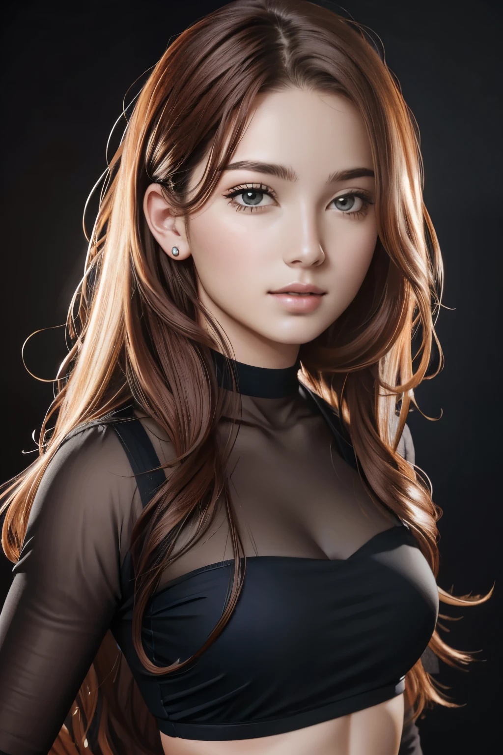Absurdres, 1 woman, Star&#39;s Eye, blush, (realistic:1.5), (masterpiece, Extremely detailed CG unity 8k wallpaper, best quality, mackerel:1.2), (extremist_detailed, uhd:1.2), (pixiv:1.3), perfect lighting, separate, (Bishōjo:1.2), Looking at the viewer, Unreal Engine, Side lighting, perfect face, detailed face, beautiful eyes, pretty face, (light skin:1.3), Idol, (Abs), ulzzang-6500-v1.1, soft smile, upper body, (crimson hair), (simple background]), (([dark background)), (depth of field), enlargement, selfie