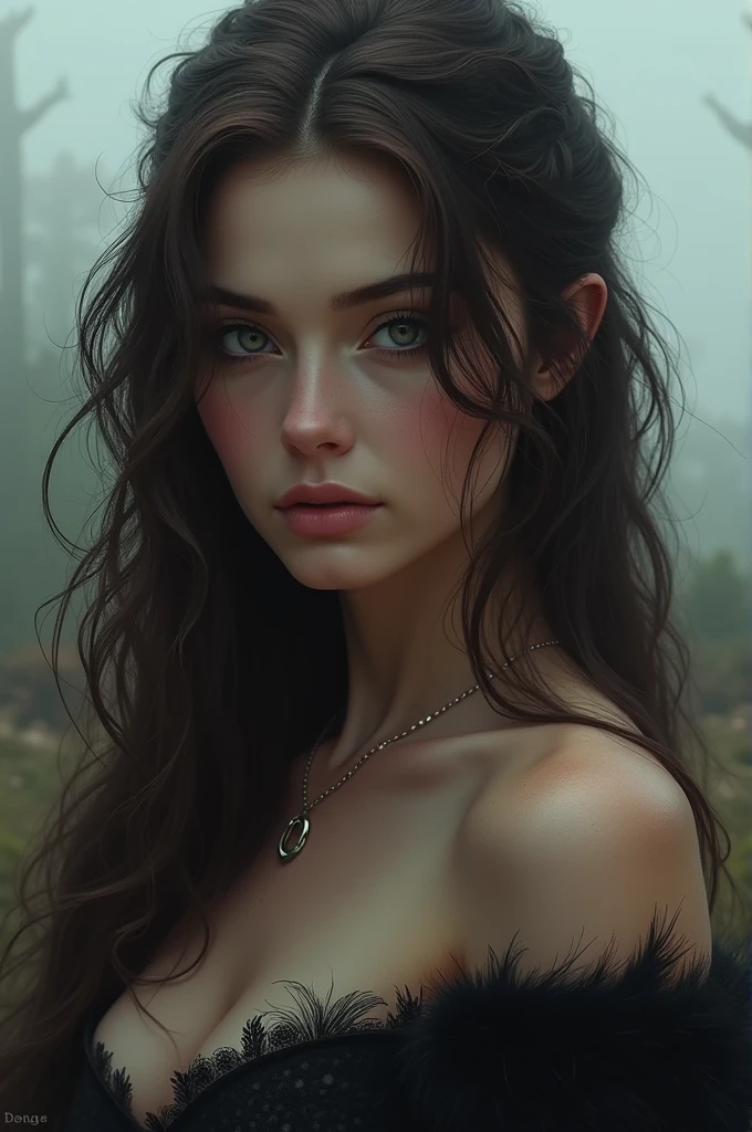 Caucasian woman, white woman, (((blue eyes))), black hair, wavy hair, long hair, topless, breasts XL, nude, nude explicit, nude frontal, (((athletic body))), vegetation, dry trees, (((darkness))), no people, scared face, focusing on waist and face.