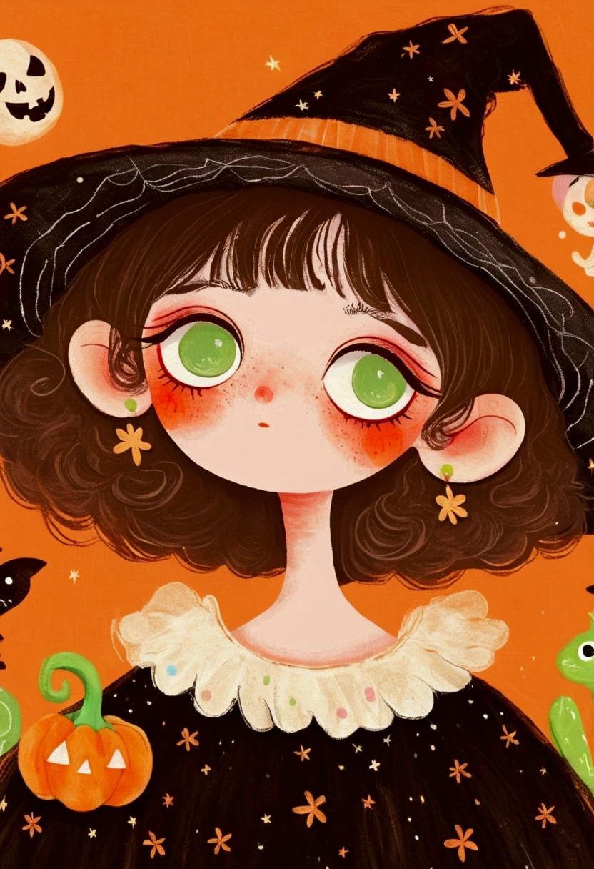 A painting，Pastel Art：Halloween。Girl wearing witch hat。。Big green eyes，short hair，lol，teeth。Lovely的艺术风格, Lovely细致的数字艺术, Lovely的数字艺术, Lovely的艺术品, 卡哇伊写实portrait, Change, Lovely的数字, Lovely。portrait, Benefits, Lovely的角色, Lovely 多彩 Lovely
绿色背景