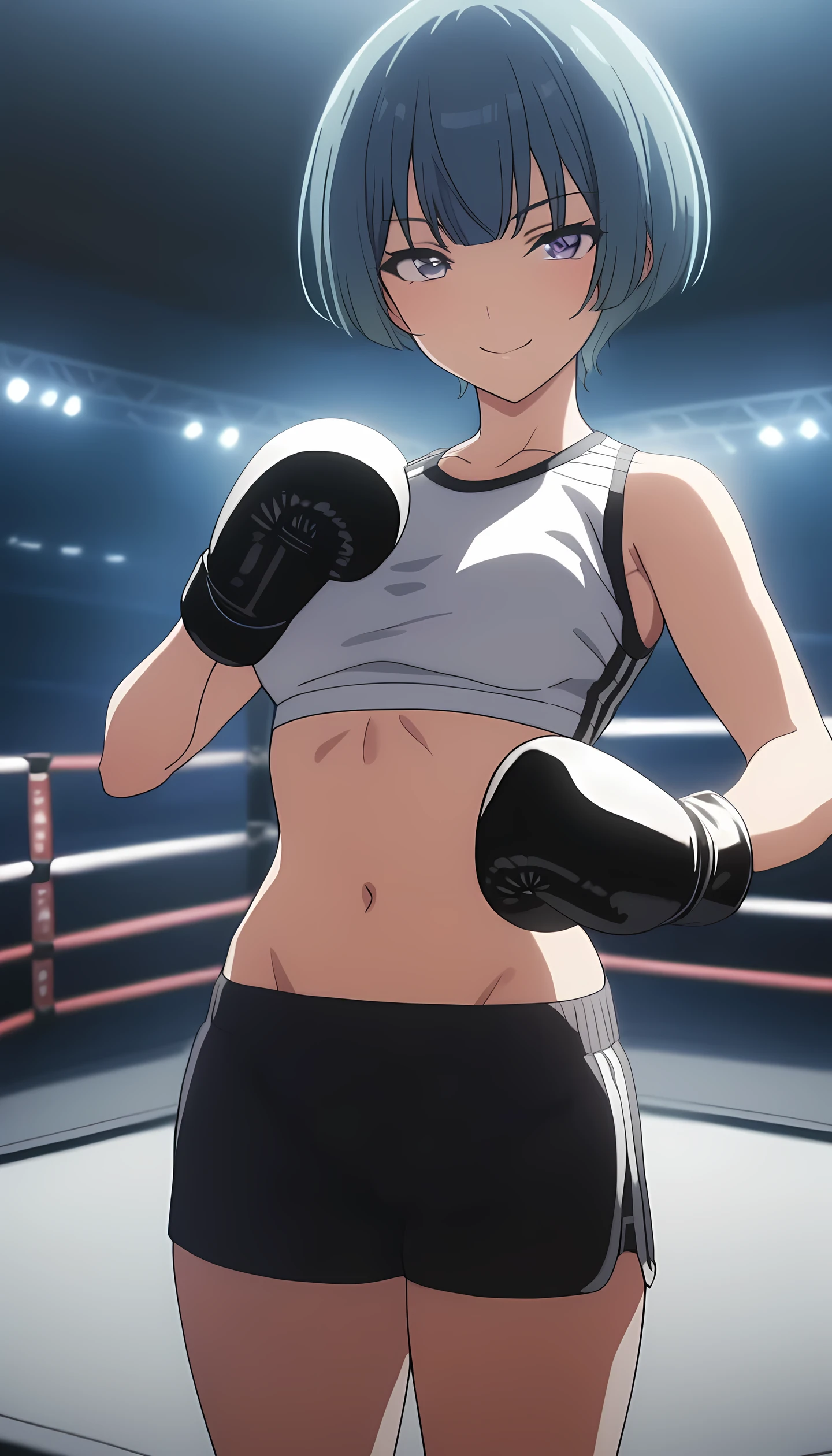 ibuki, 1girl, short hair, bangs, blue hair, purple eyes, masterpiece, best quality, (wearing sports wear:1.5, boxing gloves, bare thigh, navel), (on MMA Arena :1.5), smile, Toned stomach, cowboy shot, looking at viewer,cinematic lighting, anime screencap,Ultra HD,Detailed eyes,Detailed face,