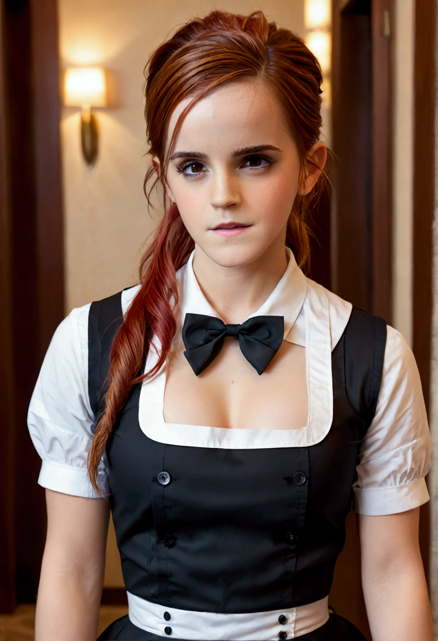 Emma Watson, ultra realistic, photography, long red hair, girl, 2, hourglass figure, perfect body, Flirty look, extremely detailed artgerm, in the style artgerm, small breasts, facing the camera, Nikon z fx, lens 35 mm, blur background, in a hotel, dressed as hotelmaid, no cleavage