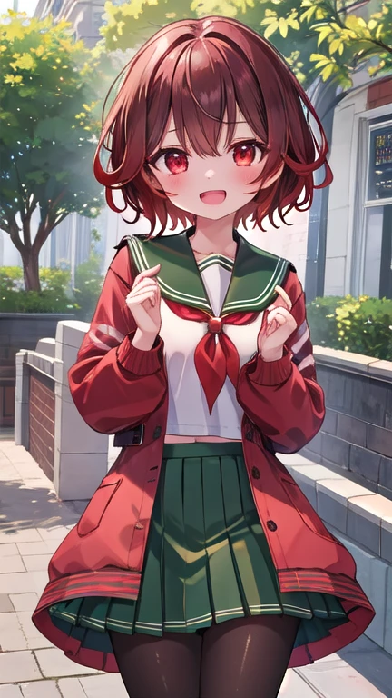 Beautiful illustrations、(masterpiece、Highest quality、8k ), (Beautiful details), Highly detailed face, Perfect lighting, Extremely detailed CG, (Perfect hands, Perfect Anatomy), One Girl,short hair, brown hair, red hair, gradient hair, multicolored hair, red eyes,Black Pantyhose,14 years、(burst out laughing),Green sailor collar,Green pleated skirt,Thighs、A pose that attracts men、