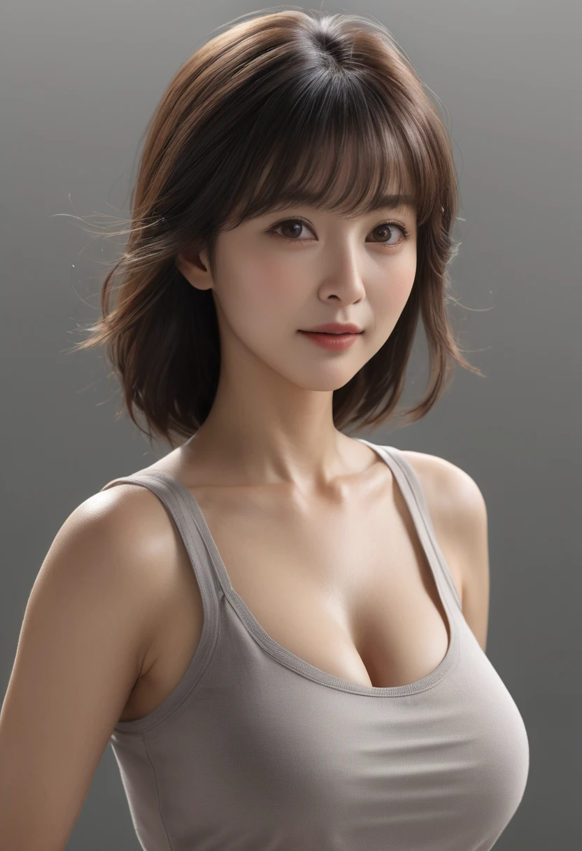 masterpiece, best quality, high resolution, 8k, photorealistic, detailed face and eyes, natural skin, professional lighting, grey background, 
(1 Japanese woman, beautiful mature), full body, from front, wrinkles, white tank top and flare skirt, well-shaped medium breasts and hip, cleavage, 60 years old,
light brown long straight hair fluttering in wind, full bangs, 