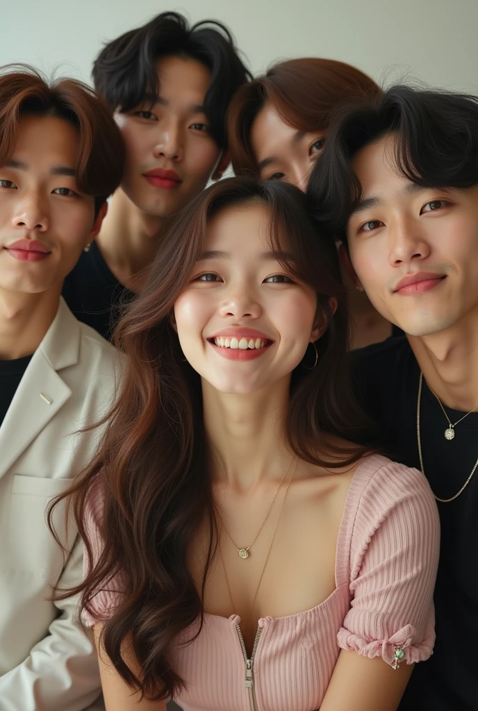 1 woman, 7 men kpop artists, smiling, looking at front, everyone's face seen clearly like real people