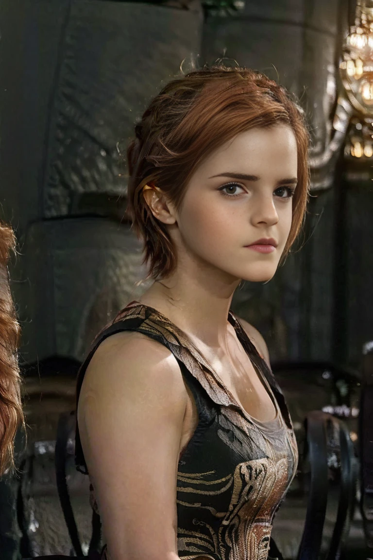 Emma Watson, A full body of a photograph, a woman with a bold orange short pixie hairstyle that accentuates her striking features. Subtle smoky eye makeup, coupled with pronounced lipstick in a monochromatic scheme, enhances the overall allure of her appearance, sharp focus, perfect lighting, shot on Hasselblad