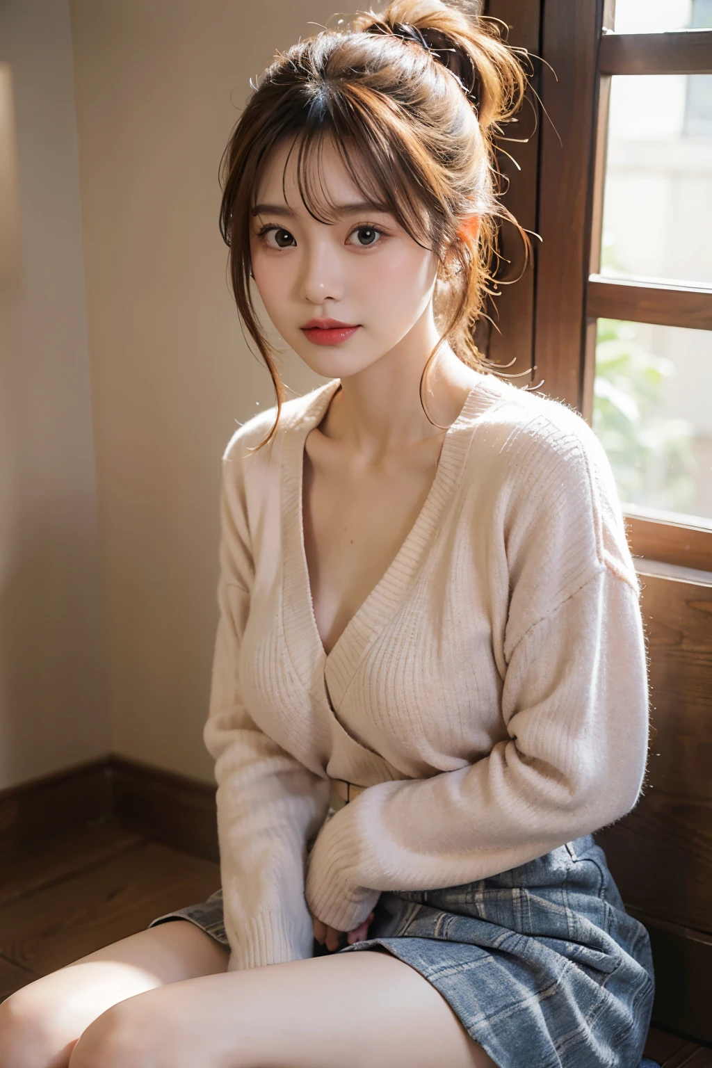 16K,8K, masterpiece, Top quality, ultra-detailed, an extremely delicate and beautiful, breasts squeezed together, v arms, sit,1 beautiful Japanese girl, cowboy shot, 35mm lens, f/1, (large chest:1.5), Light pink v-neck sweater, Black midi skirt, Knee-high suede boots, Plaid scarf, a Tote bag, neat makeup, slight smile, low ponytail, Japanese shopping mail