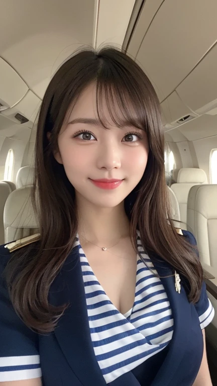 Top quality, Photo Real, High resolution, Detailed Background, Beautiful skin in every detail, Detailed nose, Soft lighting, (Solo Shot:1.23), (Upper Body:1.1),(flight attendant1.8) ,Close-up shot, (focused on the chest:1.3), View your viewers, (((Nice hands, Perfect hands))), Clear Eyes,Japanese women, Pale skin,1 beautiful woman, (japanese1.5),around 20 years old,(permed hair1.2),Blonde hair,(I cannot see her chest as it is completely covered by clothing1.8),soft-looking chest,A large and well-shaped chest,Extremely large breasts,(cute lips1.5), (Open-mouthed and smiling very happily1.8),Beautiful eyes,looking up with eyes,staring at me,staring directly,smile towards,(She is looking straight at me from the front1.9),accurate structure of the limbs, onboard aircraft,on an aircraft