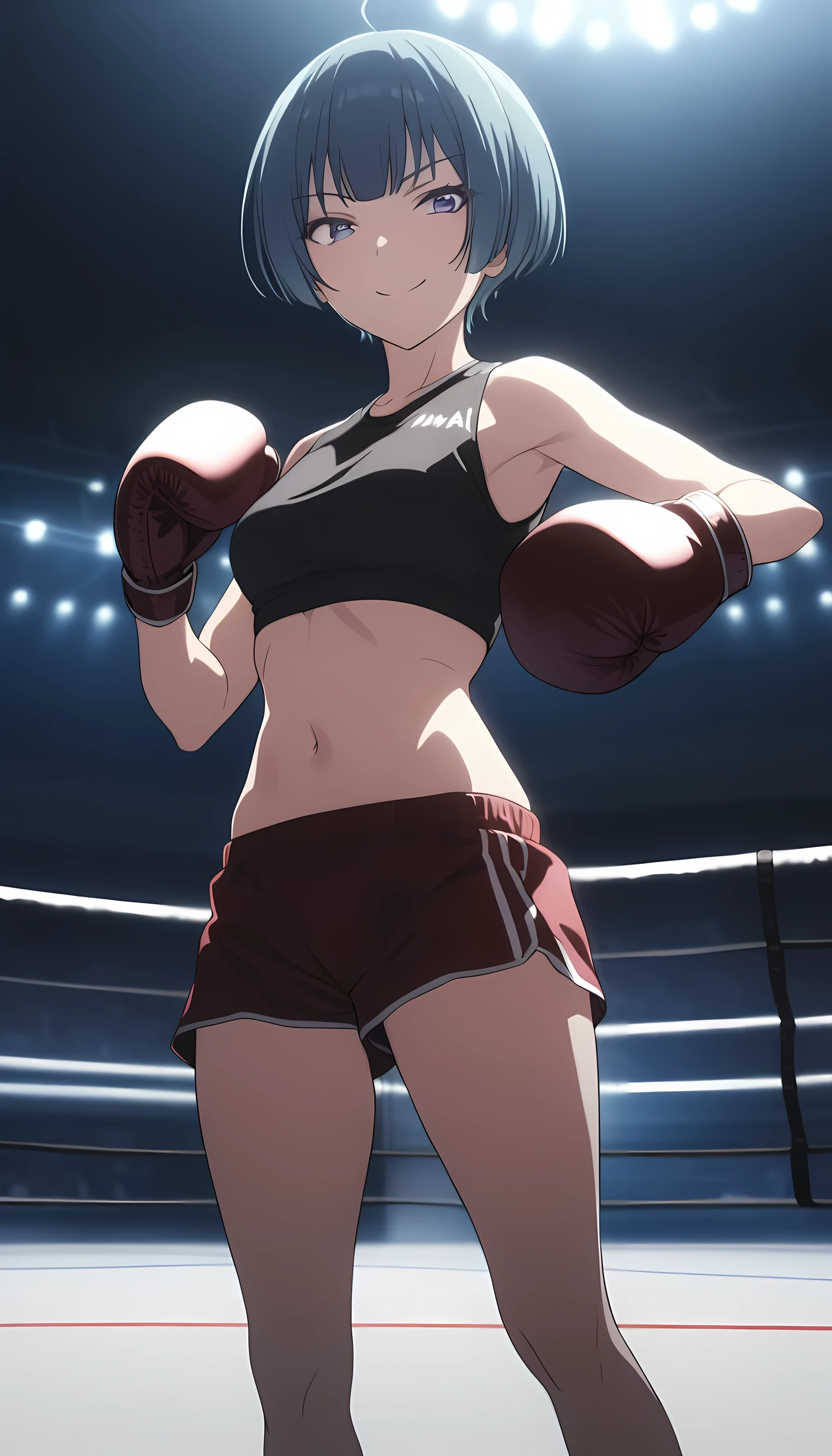 ibuki, 1girl, short hair, bangs, blue hair, purple eyes, masterpiece, best quality, (wearing sports wear:1.5, boxing gloves, bare thigh, navel), (on MMA Arena :1.5), smile, Toned stomach, looking at viewer,cinematic lighting, anime screencap,Ultra HD,Detailed eyes,Detailed face,