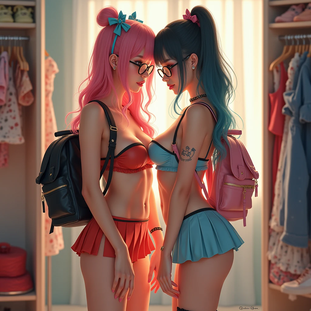 3girls, casual, romantic kiss, bedhead, rainbow colored hair, bed, lingerie