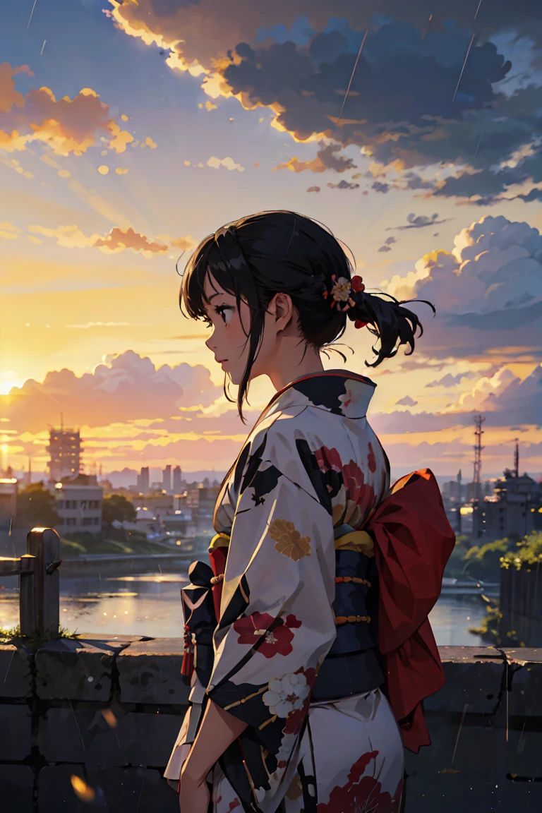 Highest quality, beautiful, Morning Light, A comet flies by, Earth, horizon, (Edo Castle with a girl in a kimono、samurai), Cumulonimbus, sunset, Sudden rain, Attachment Platform, shinkai makoto、sun、