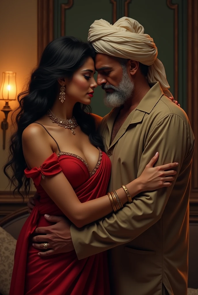 (beautifull muslim lady, wear luxury strapless kebaya, wear hijab), and (her handsome father), kissing, (luxury table and flower vase), (parfume bottle), (candle on table), (show cleaveage), (show underboobs) ,(show sideboobs), (show thigh), (detailed flower hairpin), detail flower background, beautifull face, pretty face, beautifull eyes, beautifull nose, sexy lips, pink nails, raytracing, nsfw, beautifull fingers, beautifull hands, sexy belly, sexy body, sexy shoulders, sexy legs, sexy hips, (luxury bracelet), (luxury ring), (luxury necklace), beautifull nails , blue eye, (4 fingers in 1 hand), white skin, full body picture, pretty makeup, good lighting, realistic shadow, professional photography, 4k resolution, perfect anatomy, ((sfw))
