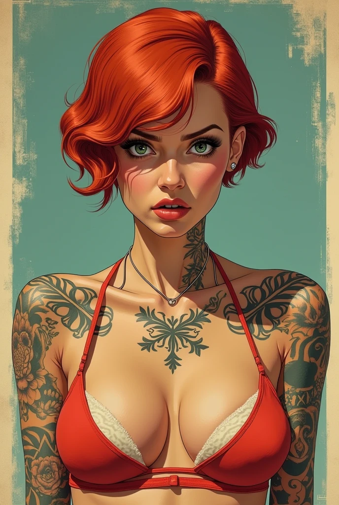 a digital illustration capturing the essence of a stunning tattooed woman, inspired by the dynamic style of comic artist J. Scott Campbell; Vibrant colors and bold lines emphasize your strength and allure, portraying a confident expression under light, Energy lighting, infusing the scene with a sense of excitement.