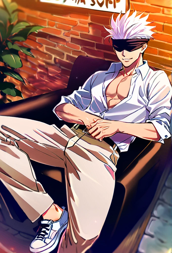 Ultra detailed, HDR, Highres, absurdres, masterpiece, best quality, Jujutsu Kaisen, Gojou Satoru, white hair, black blindfold, covered eyes, handsome smile, light grey opened suit, white shirt, white shoes, 1boy, solo, sexy man, handsome, sensual, manly, daytime, coffee shop, sitting on chair, 