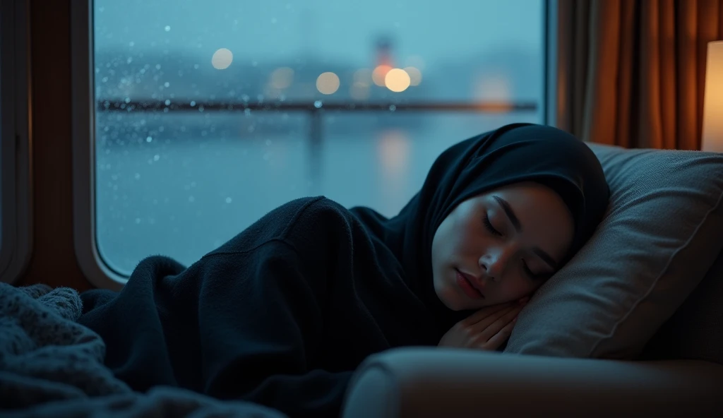 Beautiful woman sleeps, night rain in the glass room, black hijab woman sleeping in rain glass window of high rise building in city at night America