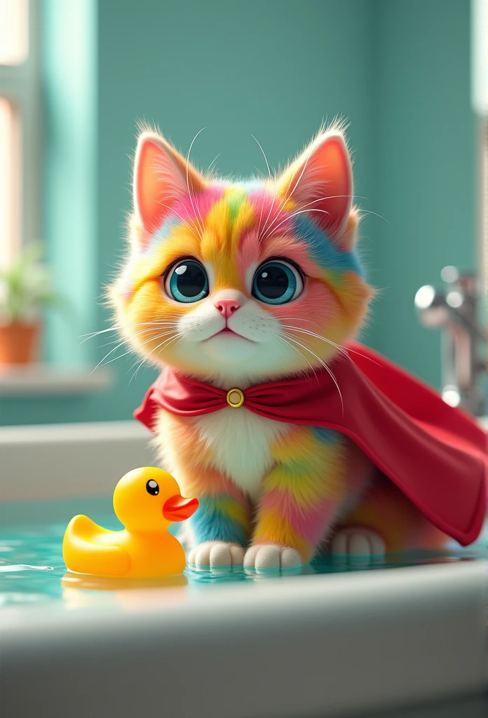 colorful、Fluffy cat，Baby Cat、very cute，，Mofumofu、Mofumofu、Ultimate HD image quality、Ultra-high resolution、Attention to detail、Highest quality、Seven Colors、Rainbow colors, clumsily tangled in a small red cape. The cape is wrapped around his body awkwardly, with his face peeking out comically. The background shows the living room, with toys scattered around.

