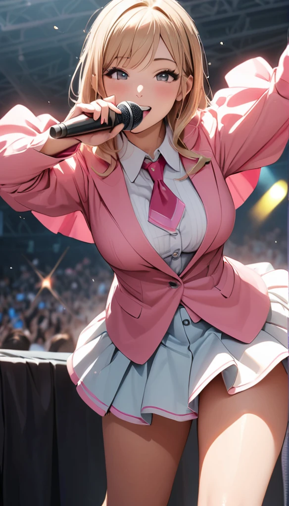 ((masterpiece, Highest quality, 最高of画質, High resolution, Realistic, RAW Photos, 8k)), ((Highly detailed CG synthesis 8k wallpaper)), (Huge and stunning goddess shot, Very hot and sexy, Incredible beauty, Perfect Proportions, Beautiful body, スリムなボディof美しさ:1.1), Costumed woman standing on stage with a microphone and lights, (Singing and dancing), (白とピンクofミニドレスを着て, Long sleeve shirt, ピンクofベスト, Fluttering mini skirt, Vivid!!, Happy!!!, fun!!!, Idol, Vivid), live, Rainbow Core, show, AP, f/2.5, Idolmaster, of,