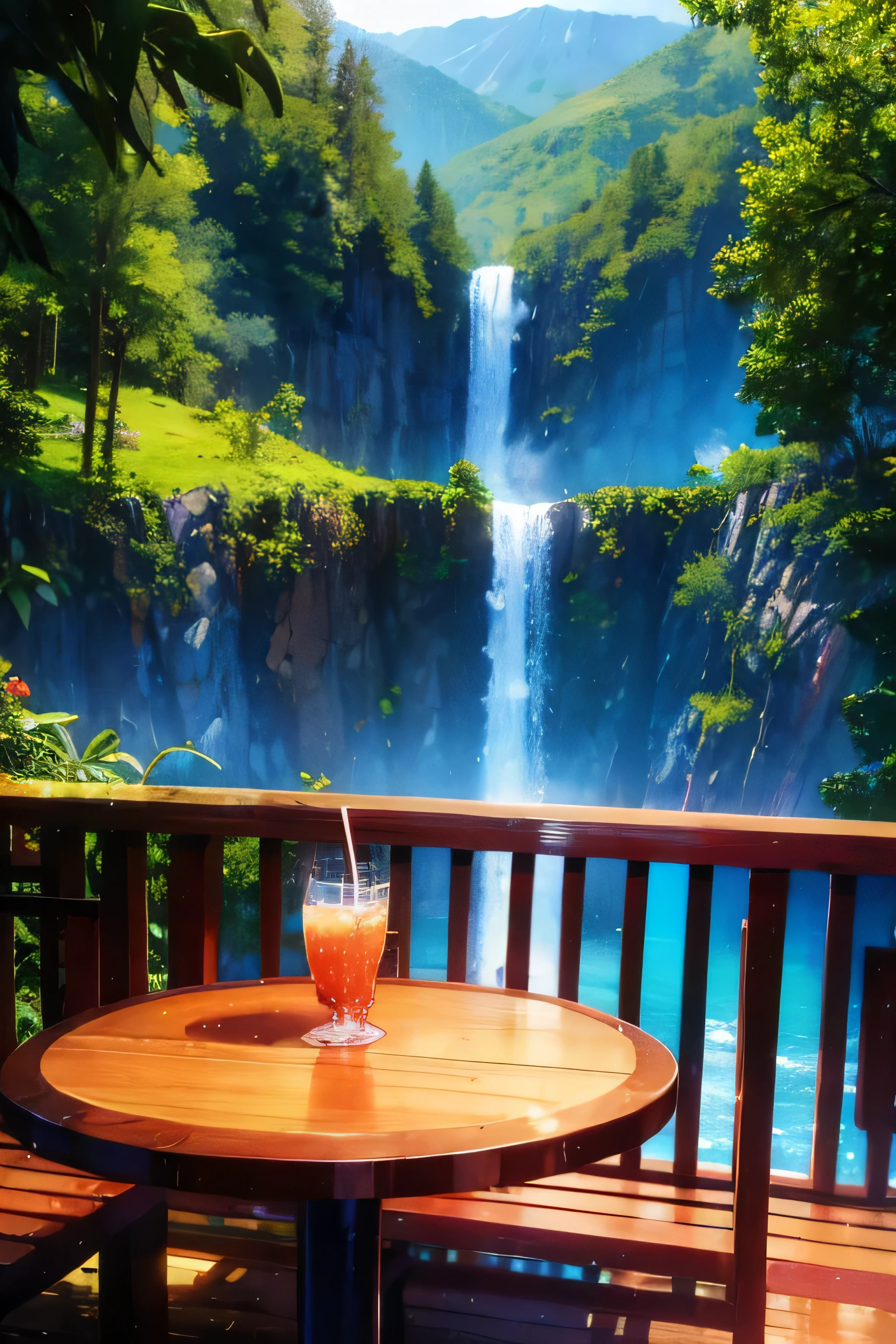 create an image of a restaurant table where there is a soda with a straw, It is on a wooden deck and has a red protective grid., in the background there is a beautiful view of a waterfall , put a coke on the table