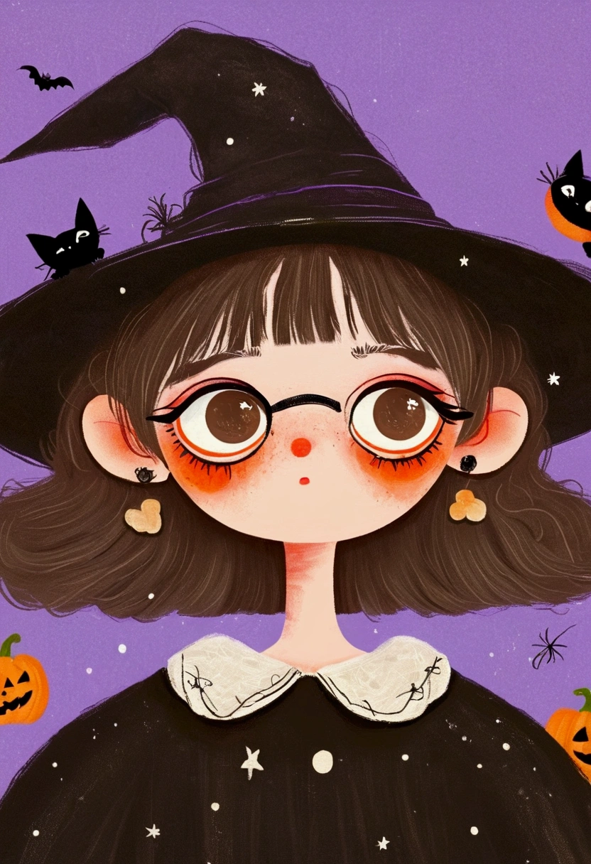 A painting，Pastel Art：Halloween。Girl wearing witch hat。bat。。big eyes，Black-rimmed glasses。short hair，lol，teeth。Lovely的艺术风格, Lovely细致的数字艺术, Lovely的数字艺术, Lovely的艺术品, 卡哇伊写实portrait, Change, Lovely的数字, Lovely。portrait, Benefits, Lovely的角色, Lovely 多彩 Lovely
绿色背景