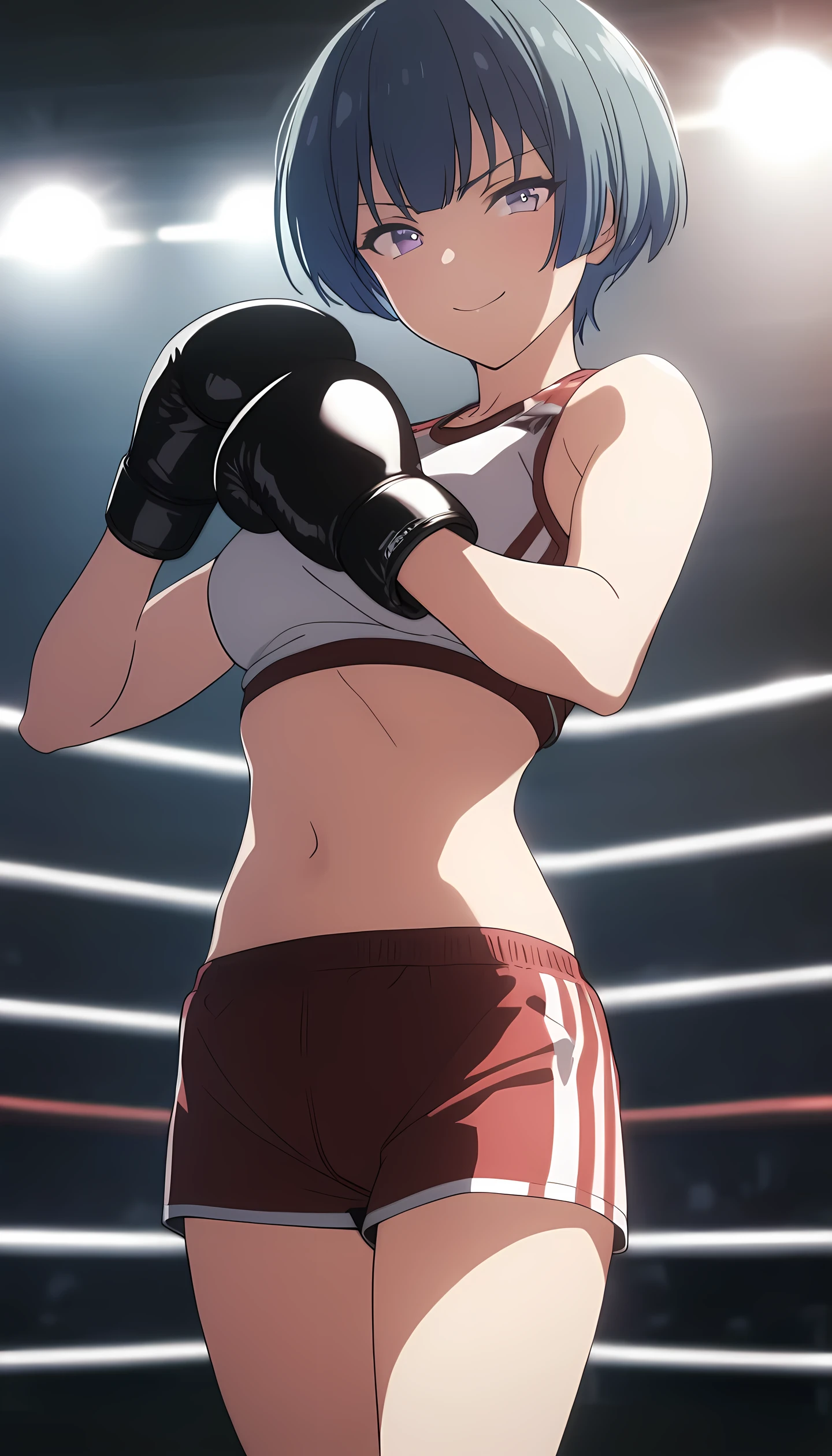 ibuki, 1girl, short hair, bangs, blue hair, purple eyes, masterpiece, best quality, (wearing sports wear:1.5, boxing gloves, bare thigh, navel), (on MMA Arena :1.5), smile, Toned stomach, looking at viewer,cinematic lighting, side lighting, anime screencap,Ultra HD,Detailed eyes,Detailed face,