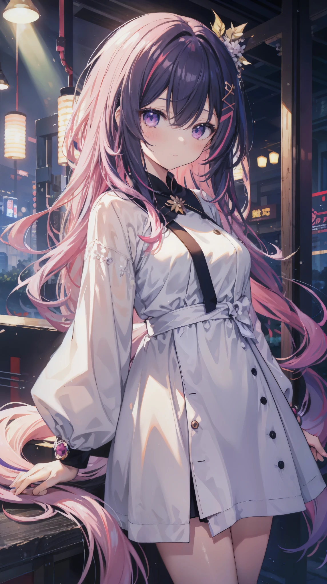 (best quality, 8k, 32k, masterpiece, UHD:1.2), highres, sharp focus, detailed outfit, beautiful detailed hair, delicate details, 1 girl, long hair, straight hair, (multicolored hair, gradient hair, two-tone hair, black hair, purple hair:1.2), purple eyes, blue earrings, parted lips, blush, large breasts, pajama, cleavage, cute, shy, sweet, indoors, night, dim, bedroom, bed, window, curtains, dynamic pose, dynamic angle, looking at viewer, nice hands, perfect hands, outfit-gls, sweater, high-waist skirt, long skirt