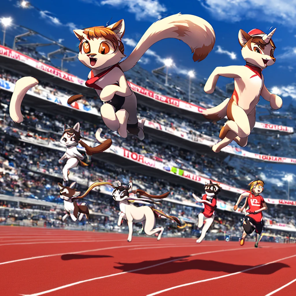 (8k, RAW Photo, Top Quality, Refined Details, Masterpiece: 1.2), (High Resolution 8k Wallpaper), Sharp Focus, Professional Lighting, Depth of Field, Cinematic Lighting, Background Blur,Scene Overview: A cat wearing a ten-gallon hat is competing in a short-distance race on a stadium track against a unicorn and a raccoon.
Character Details:
Cat with a Ten-Gallon Hat: The cat is wearing a ten-gallon hat and has a serious expression while running. Its fur is realistic and moves with its motion.
Unicorn: A white unicorn with a realistic texture, its rainbow-colored mane flowing in the wind as it runs powerfully and swiftly.
Raccoon: A raccoon with realistic fur and expression, running with determination and short legs in the race.
Background and Environment:
Location: On a stadium track, with spectators cheering in the background, creating a lively atmosphere.
Time of Day: Bright daytime, with sunlight naturally illuminating the characters and casting shadows.
Style:
Art Style: Realistic photo-like quality and detail. Represented as a RAW photo with natural colors and lighting.
Emotion and Atmosphere: A sense of competition and energy, creating a dynamic and powerful atmosphere