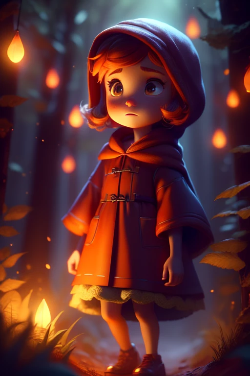 High fantasy, Best quality, dim lighting, outside lighting, 1girl, Wearing large bright red robe, brown vest, Red riding hood, Dark Brown hair, Chibi, Animal crossing style, Front view, Forest background