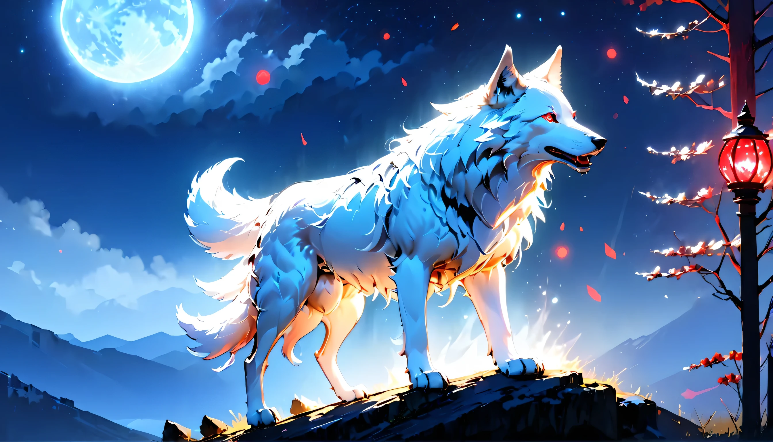 fantasy art, RPG art, a head shot of a howling white wolf at the night, starry night background full red moon, glowing blue eyes, sense of might, dread, 