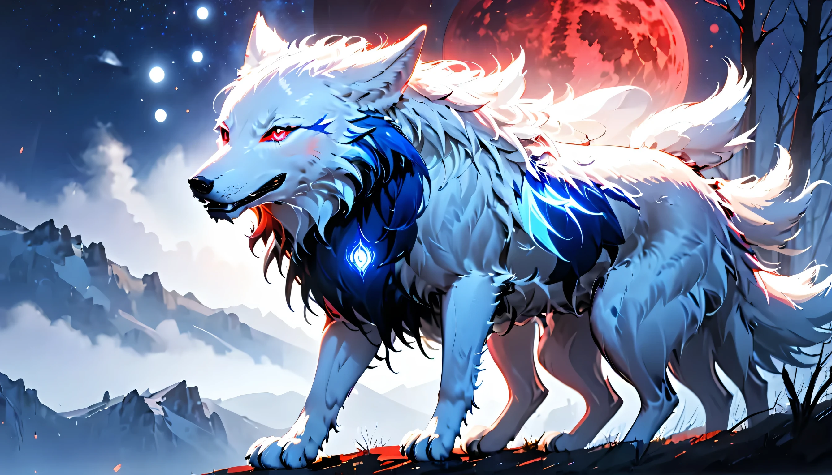 fantasy art, RPG art, a head shot of a howling white wolf at the night, starry night background full red moon, glowing blue eyes, sense of might, dread, 