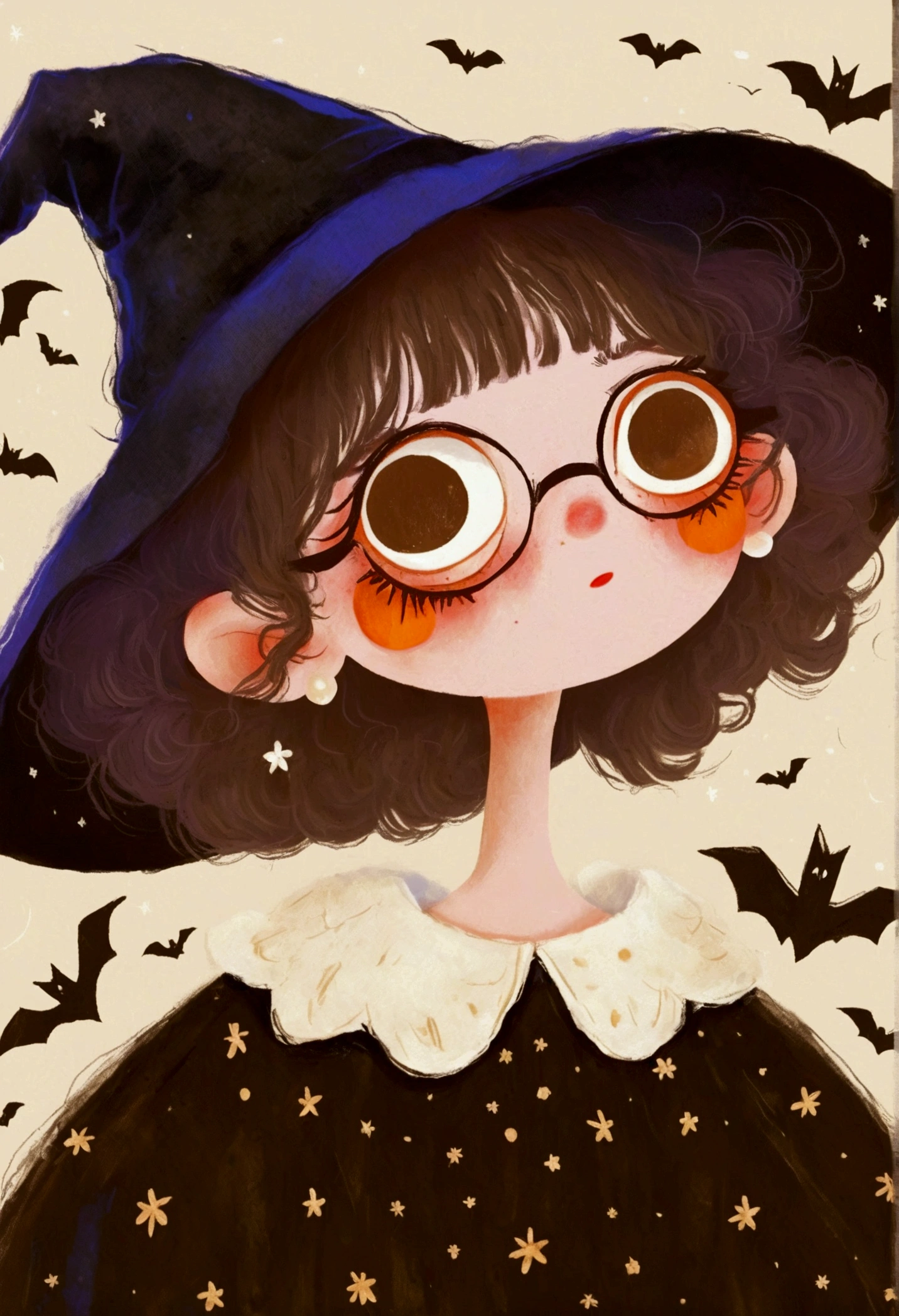 A painting，Pastel Art：Halloween。Girl wearing witch hat。bat。。big eyes，Black-rimmed glasses。short hair，lol，teeth。Lovely的艺术风格, Lovely细致的数字艺术, Lovely的数字艺术, Lovely的艺术品, 卡哇伊写实portrait, Change, Lovely的数字, Lovely。portrait, Benefits, Lovely的角色, Lovely 多彩 Lovely
绿色背景