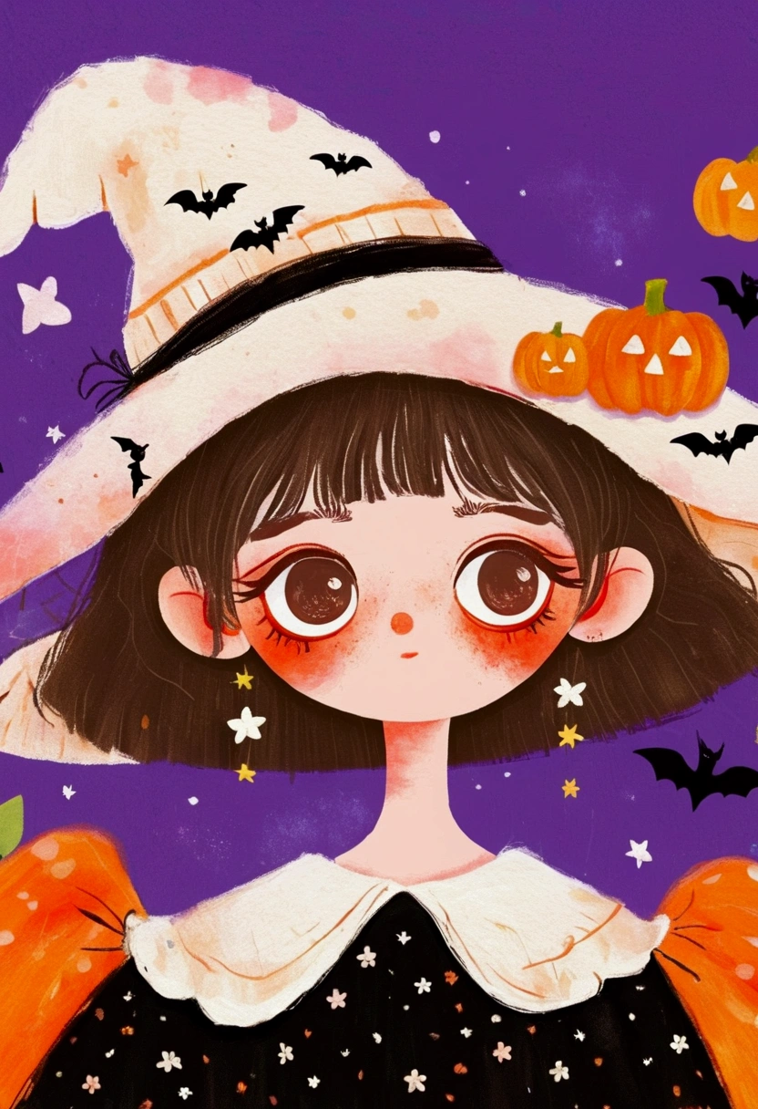 A painting，Pastel Art：Halloween。Girl wearing witch hat。bat。。big eyes，Black-rimmed glasses。short hair，lol，teeth。Lovely的艺术风格, Lovely细致的数字艺术, Lovely的数字艺术, Lovely的艺术品, 卡哇伊写实portrait, Change, Lovely的数字, Lovely。portrait, Benefits, Lovely的角色, Lovely 多彩 Lovely
绿色背景