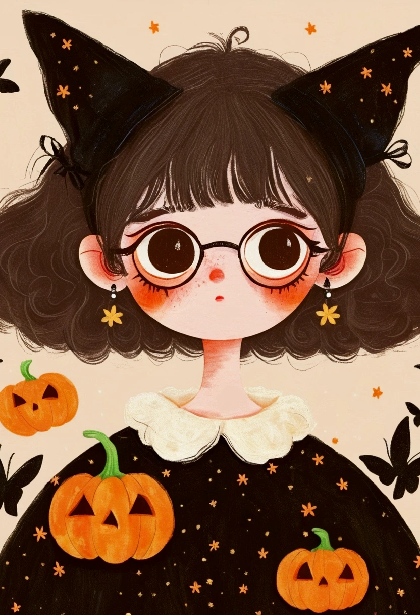 A painting，Pastel Art：Halloween。Girl wearing witch hat。bat。。big eyes，Black-rimmed glasses。short hair，lol，teeth。Lovely的艺术风格, Lovely细致的数字艺术, Lovely的数字艺术, Lovely的艺术品, 卡哇伊写实portrait, Change, Lovely的数字, Lovely。portrait, Benefits, Lovely的角色, Lovely 多彩 Lovely
绿色背景