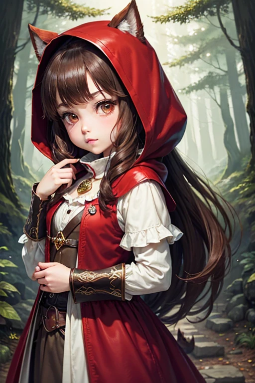 High fantasy, Best quality, dim lighting, outside lighting, 1girl, Wearing large bright red robe, brown vest, Red riding hood, Dark Brown hair, Chibi, Animal crossing style, Front view, Forest background