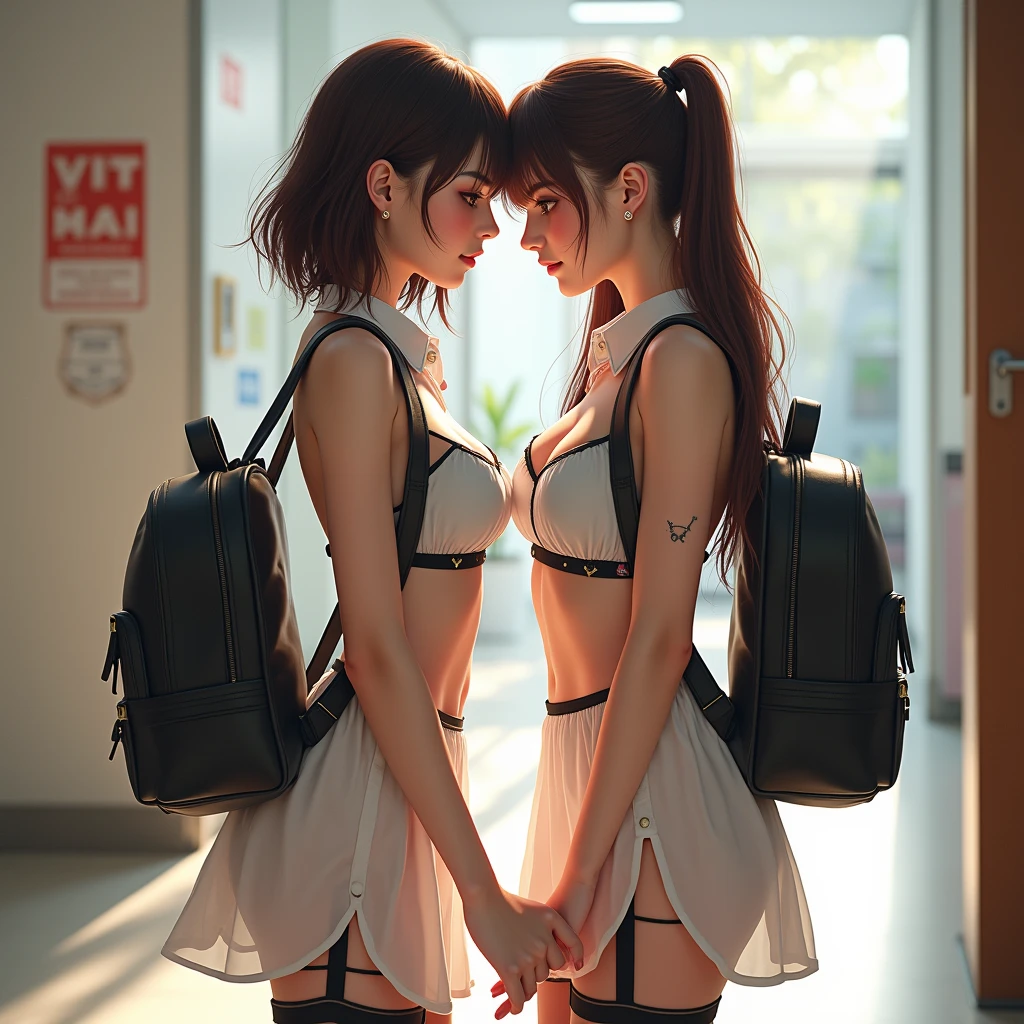 (((masterpiece, Highest quality, High resolution, 超High resolution, Perfect Pixel, Depth of written boundary, 4K, RTTX 10.0))), Beautiful Anime Woman, Beautiful art style, Anime characters, ((Smooth texture, Realistic texture, Anime CG Style)), Perfect and accurate finger count、Exact number of legs、(Exact number of arms:1.0, Exact number of hands:1.0), (Perfect hands, Perfect Anatomy), Cinematic, Realistic, Extremely detailed CG, Daytime lighting, Perfect lighting, Best Shadow, The best natural light, whole body, Perfect body, バランスのとれたPerfect body, Perfectly balanced style, Soft body, Slender body, ((bangs, Reddish brown hair, Long Hair, ponytail)), ((The back view of a cute adult woman walking:1.8)), (Sexy and cute magenta underwear:1.3), (Stylish shiny magenta satin full back panties, Side-tie full-back magenta panties, Magenta panties with lace trim:1.3), (Magenta Micro Lace Satin Bra:1.3), (Knee-high socks:1.3):1.5), (Embarrassed expression:1.5), blush, (School corridor, Corridor with windows, Long corridor, In the background, there are many male students walking., The boys are paying attention to the girls:1.7), naked, In underwear, Only bra, panties and knee socks, School shoes, Angle from the rear, Close-up angle of buttocks in magenta panties