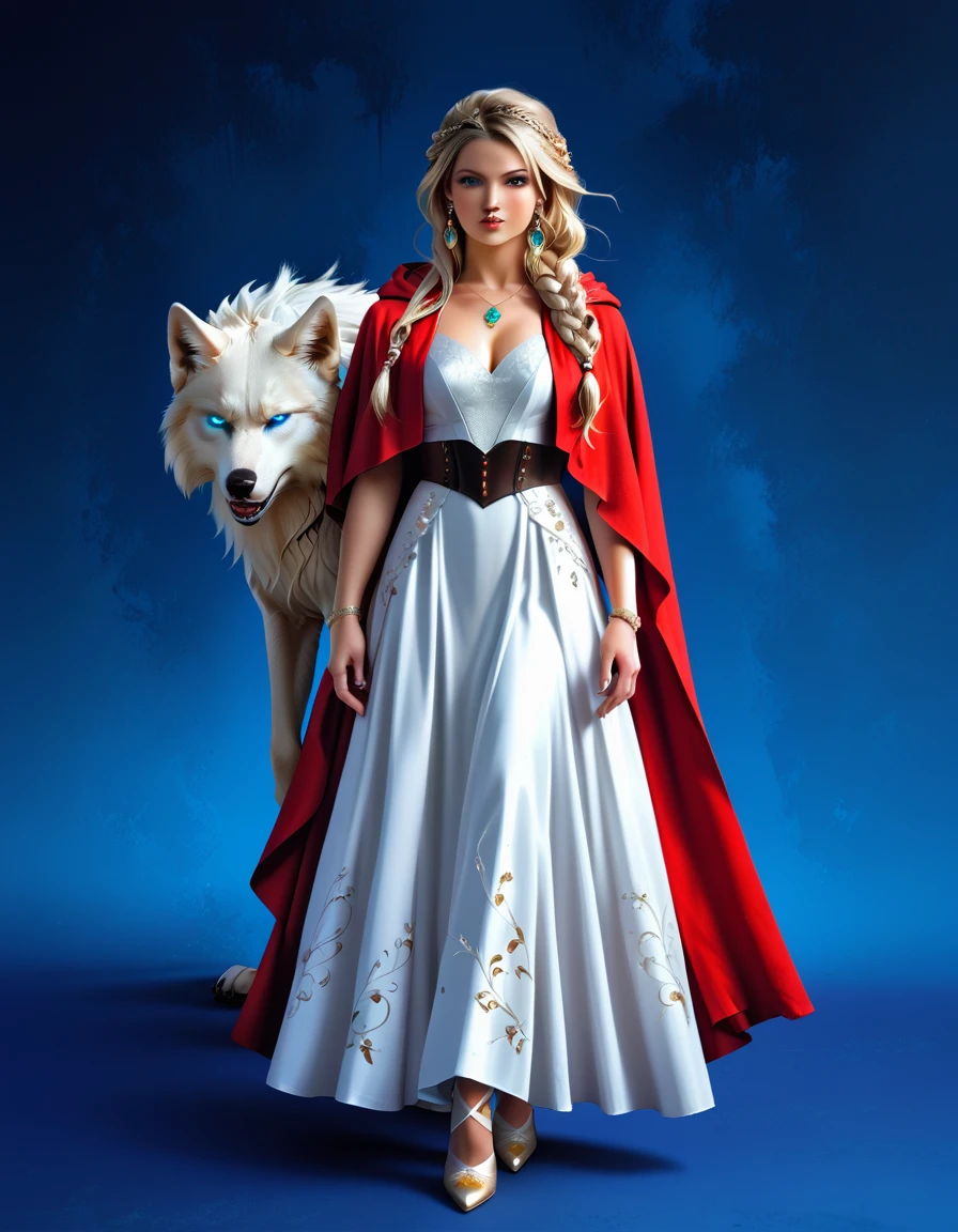 fantasy art, RPG art, ultra wide shot, RAW, photorealistic, a picture of woman and her (white: 1.4) wolf pet, the woman,  an exquisite beautiful human woman, long blond hair, braided hair, green eyes, wearing elegant silk dress, intricate dress,  wearing (red cloak: 1.1), wearing high heeled boots, standing in a fantasy ballroom, an epic ((white)) wolf stands near her, glowing blue eyes, protecting her, fantasy ballroom at night background, best quality, 16k, [ultra detailed], masterpiece, best quality, (ultra detailed), full body, ultra wide shot, photorealism