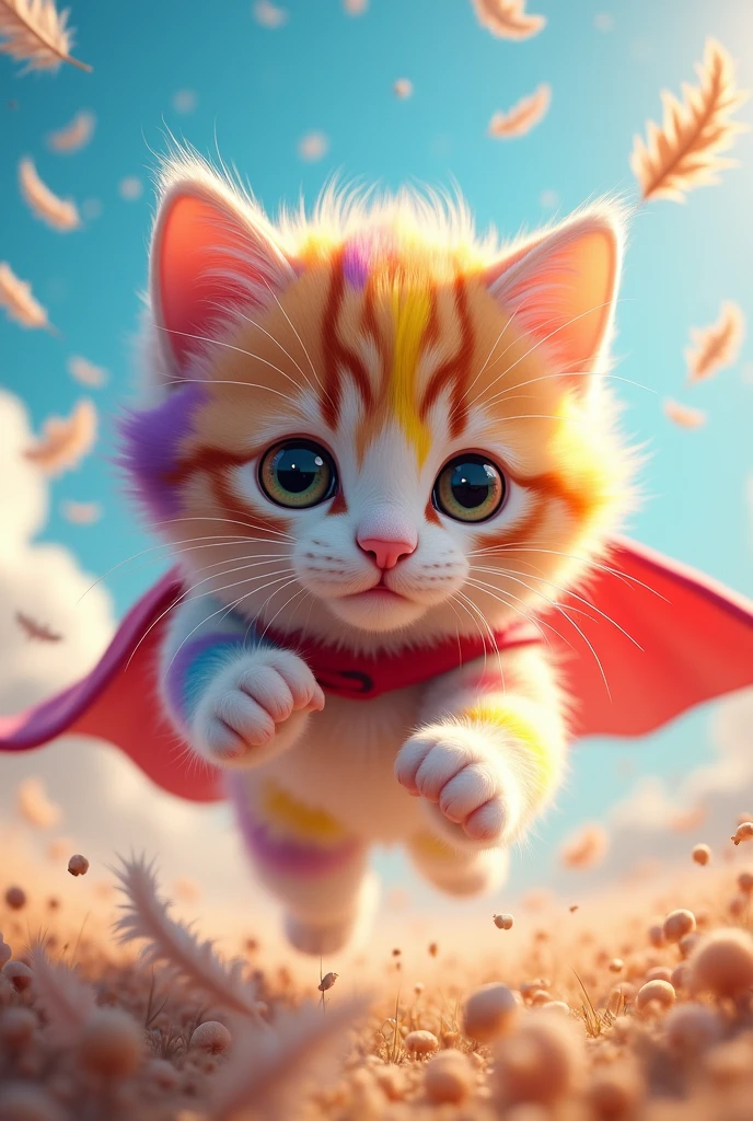 colorful、Fluffy cat，Baby Cat、very cute，，Mofumofu、Mofumofu、Ultimate HD image quality、Ultra-high resolution、Attention to detail、Highest quality、Seven Colors、Rainbow colors, clumsily tangled in a small red cape. The cape is wrapped around his body awkwardly, with his face peeking out comically. The background shows the living room, with toys scattered around.

