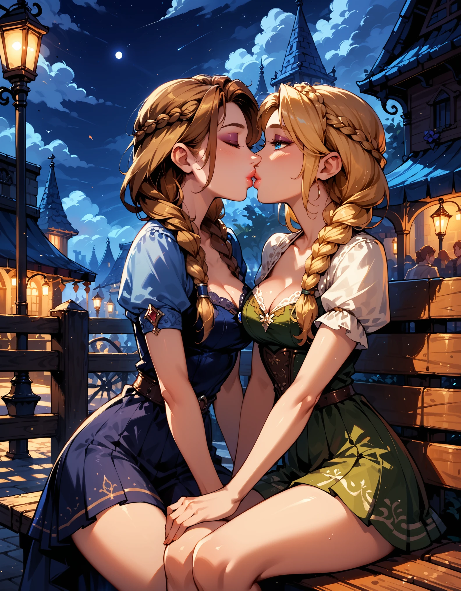 Dark Fantasy Art of score_9, score_8_up, score_7_up, rating_questionable, fantasy, lighting, epiCPhoto, 2girls, duo, couple, yuri, very sexy (ASTRIDHOFFERSON, blonde hair, braid, Long hair, blue eyes, short skirt:1.2), and (Anna, brown hair, braided pigtails:1.3), cleavage, thigh, flirt, sexy look, eyes closed, head tilt, filled lips, thick lips, makeup, modelling shoot, sexy pose, village market setting, sitting on a bench together, in heat, kissing, dark, moody, dark fantasy style, (midnight, dimly lit, streetlights:1.4).