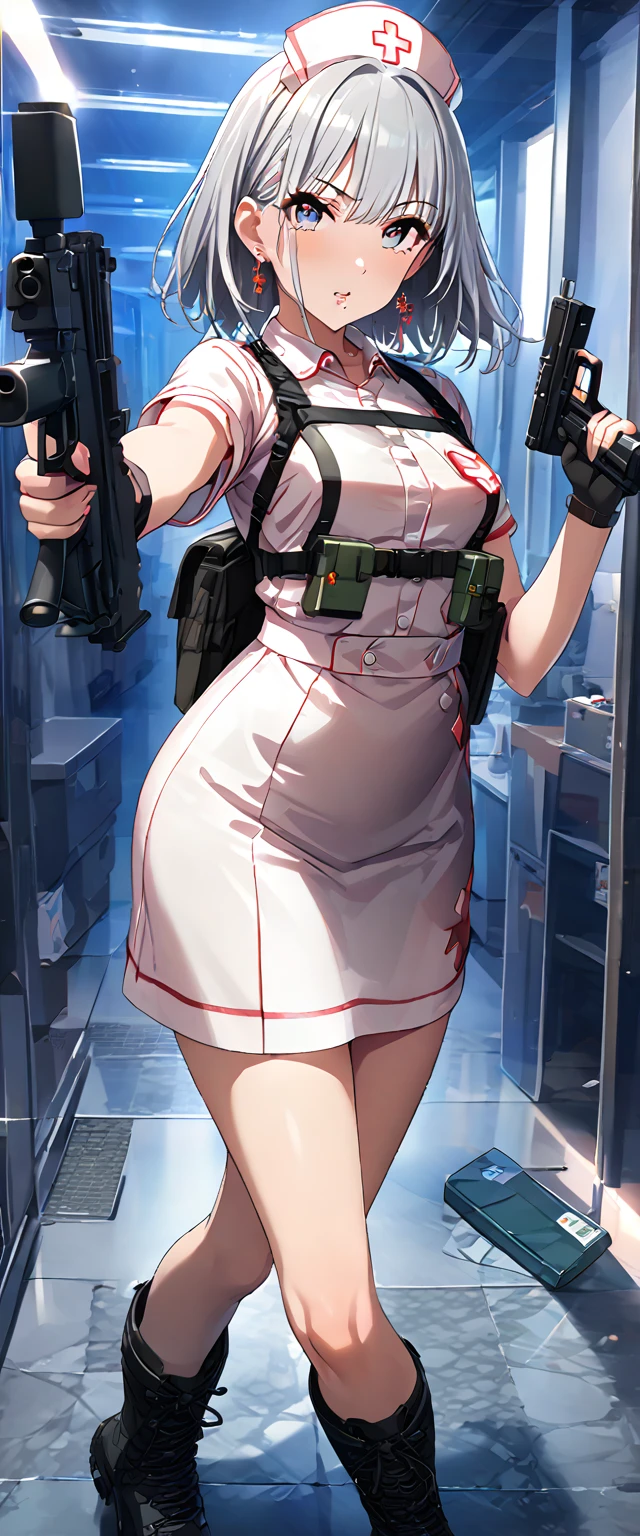 (Perfect Anatomy)、Mastepiece、Ultra High Quality、 8k、masterpiece、Highest quality、Ultra-high resolution、Maximum resolution、Very detailed、Professional Lighting、anime、woman、thin、Very beautiful face、Very beautiful eyes、(Highly detailed eye)、Highly detailed face, ，Nurse uniform, nurse, Has a submachine gun、Red Eye、Silver Hair、short hair、Earrings、Fingerless gloves、Beautiful Eyes、Gloss Lip、Tactical Boots、Equipped with transparent orange shooting goggles、Equipped with a chest rig、Carry a first aid kit、Health Corps, ((submachine gun)), (((hold a gun and take aim))), (((aiming at viewer gun)))