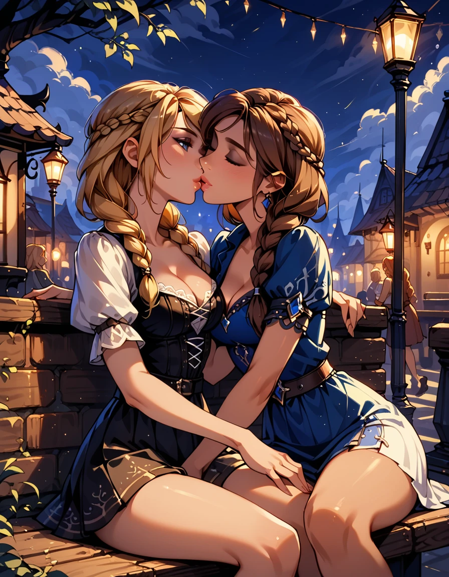 Dark Fantasy Art of score_9, score_8_up, score_7_up, rating_questionable, fantasy, lighting, epiCPhoto, 2girls, duo, couple, yuri, very sexy (ASTRIDHOFFERSON, blonde hair, braid, Long hair, blue eyes, short skirt:1.2), and (Anna, brown hair, braided pigtails:1.3), cleavage, thigh, flirt, sexy look, eyes closed, head tilt, filled lips, thick lips, makeup, modelling shoot, sexy pose, village market setting, sitting on a bench together, sit on lap, in heat, kissing, dark, moody, dark fantasy style, (midnight, dimly lit, streetlights:1.4).